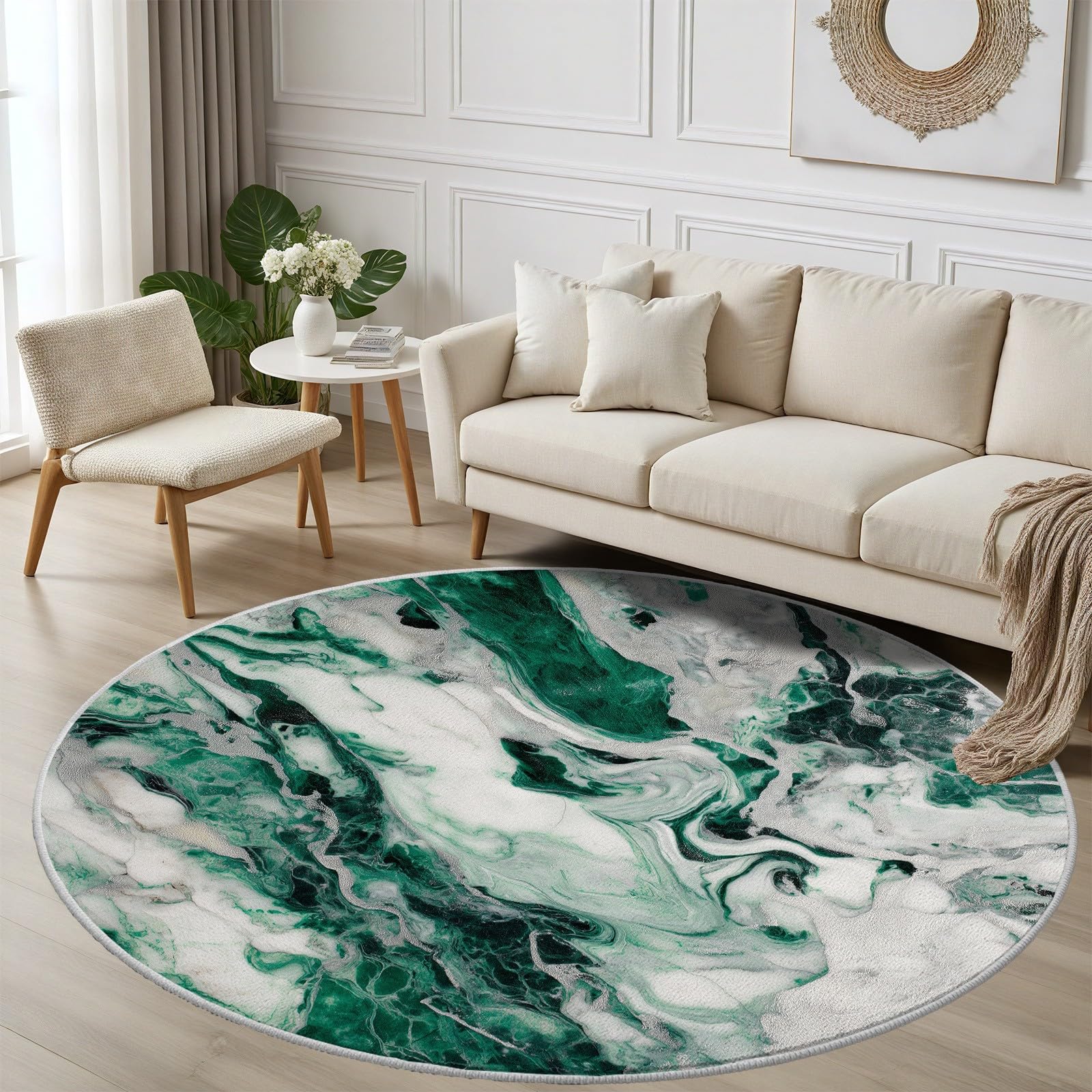 Teppich Rund Marmoriert 80cm - Smaragd Grüne Weißer Marmor Optik