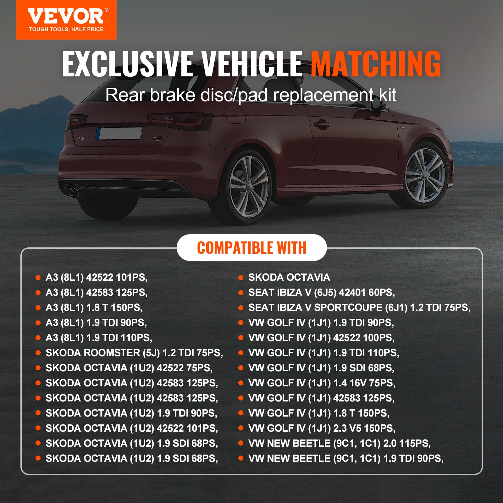 VEVOR Kit Freno Posteriore Compatibile 231,7 mm Dischi Freno 6,1 kg con AUDI A3(8L), SEAT IBIZA, SKODA OCTAVIA, ROOMSTER, VW GOLF Ⅳ, Kit di Sostituzione Pastiglie Freno in Ceramica, Rotori Posteriori