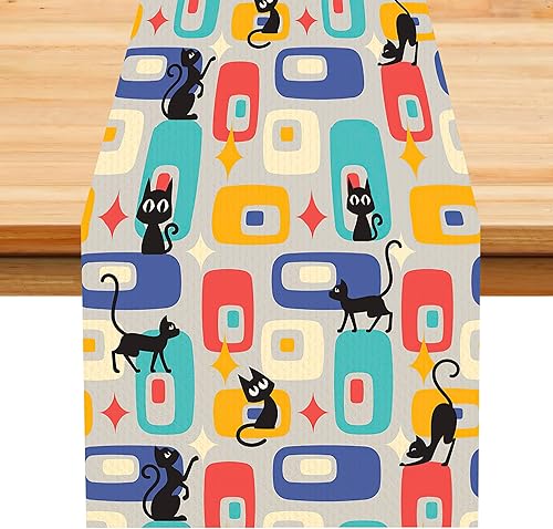 Miniatura 40 de Camino de mesa retro de los años 70, estilo vintage, arte abstracto moderno, verde, bohemio, espiral, ondas, granja, campo, cena, para el hogar,