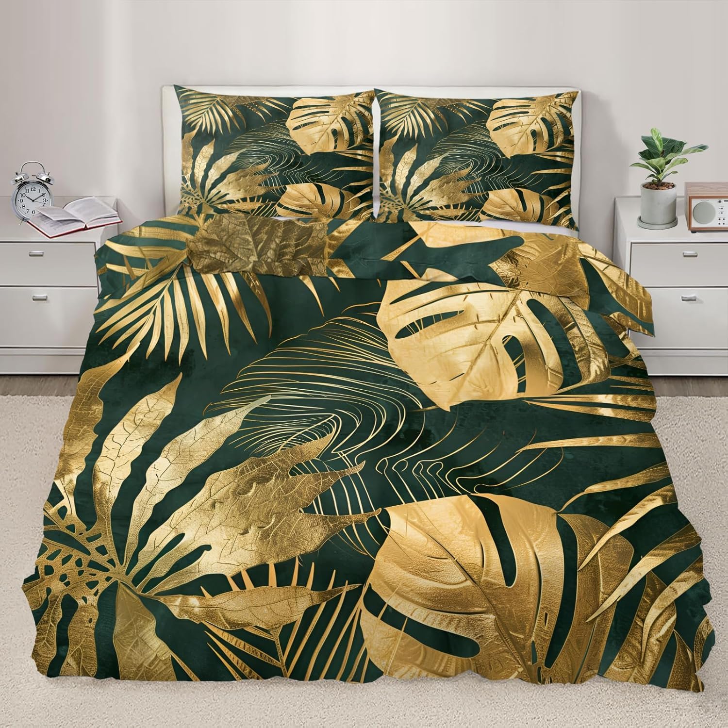 NDXRWDZR Double Duvet Cover Set Golden Leaves Duvet Cover with Zipper Closure Bedding for Aldults Kids Soft Hypoallergenic Microfiber Quilt Cover 200x200 cm + 2 Pillowcases 50x75 cm