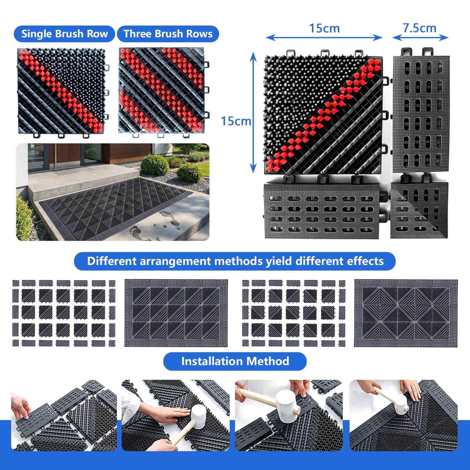 Paillasson d'entrée avec carreaux emboîtables et brosse, durable, robuste, antidérapant, intérieur/extérieur, toutes saisons, facile à nettoyer pour garage, terrasse, entrée à grande circulation