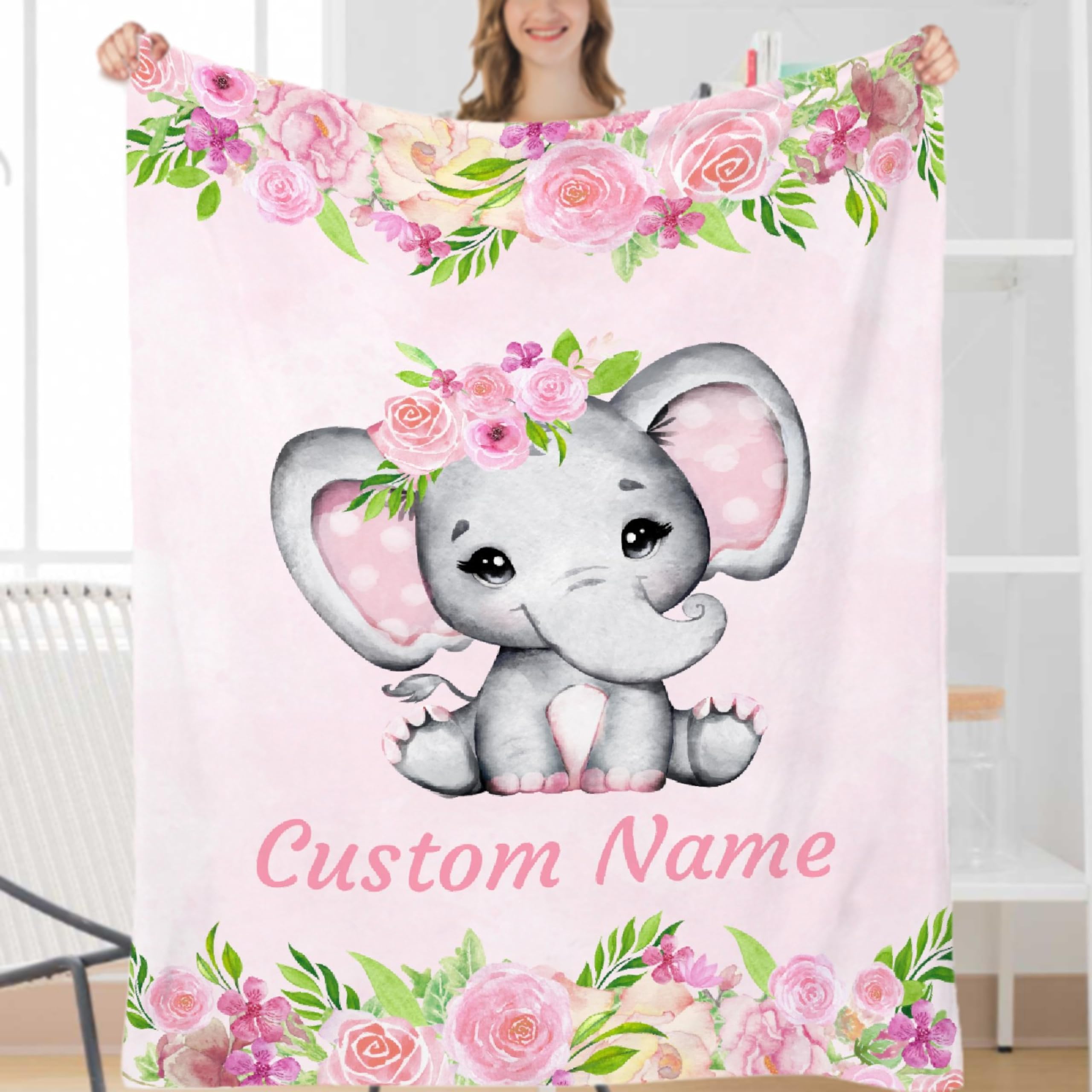 Ottoy Personalized Elephant Floral Baby Blanket Gifts for Girl Boys Custom Elephant Floral Blanket Super Soft Blankets for Couch Air-Conditioning Quilts Chirstmas Gifts Decor 60