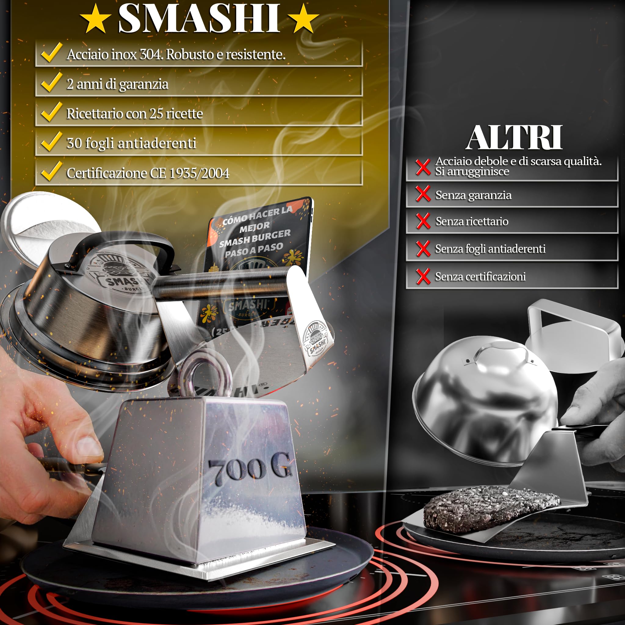 SMASHI® Kit Smash Burger – Smash Burger Press in Acciaio Inox 304 con Spatola, Cupola, 30 Fogli Antiaderenti – Kit BBQ Professionale per Smash Burger Fatti in Casa