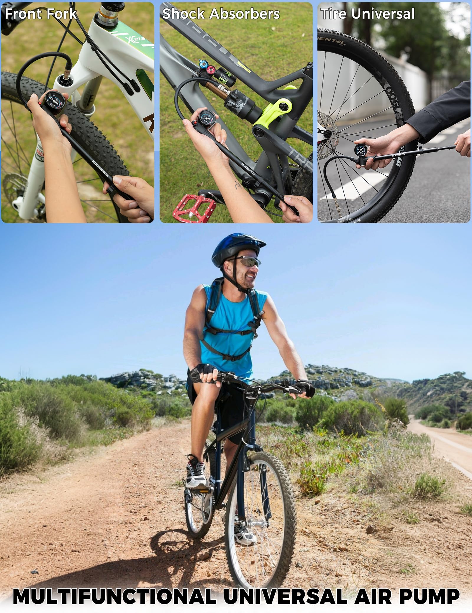 ROCKBROS 300 PSI wysokociśnieniowa z manometrem, pompa powietrza do amortyzatorów widelca i opon, kompatybilna z zaworami Presta i Schrader do rowerów MTB i szosowych