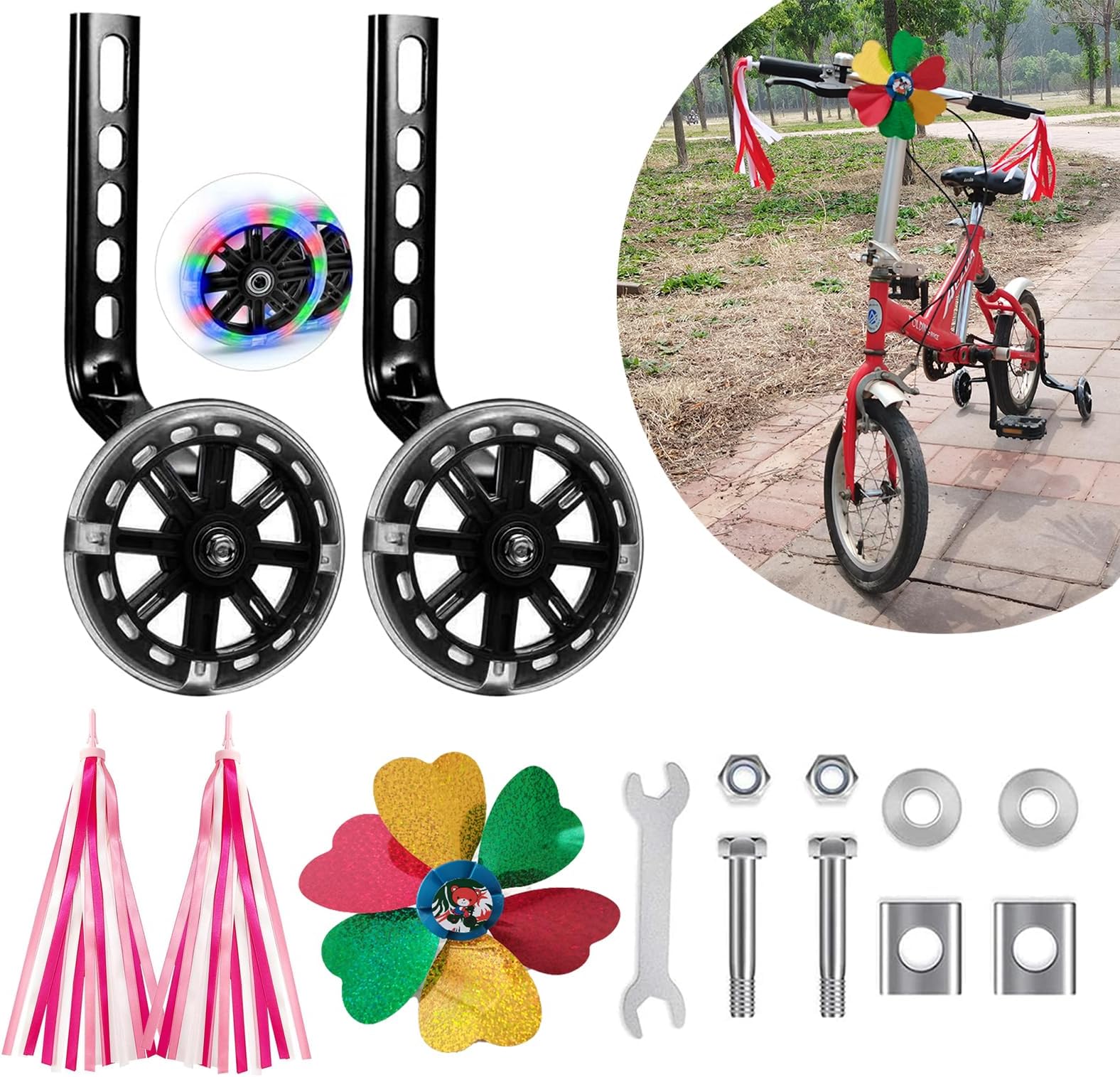 Training Wheels,Flash Mute Wheel Mounted Kit,We added small windmills and streamers to bring more joy to children while riding,Suitable for 12 14 16 18 20 inch Single Speed Bicycles