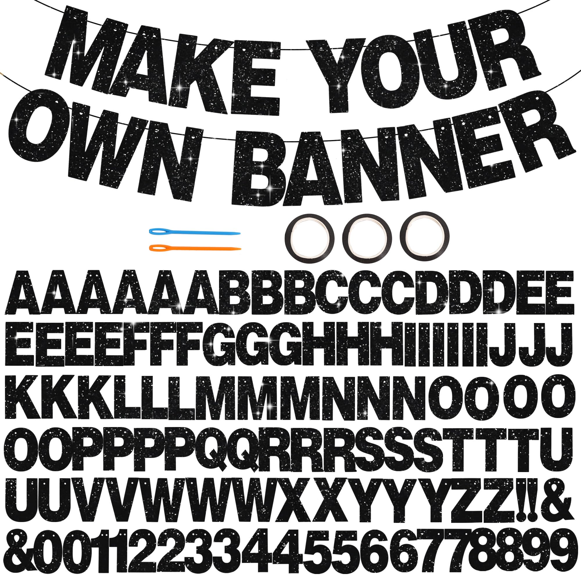 BEISHIDA 116 PCS A-Z Glitter Black DIY Letter Banner Kit Make Your Own Banner，Including 111 Letters and Numbers 3 Rope and 2 Threading Device,