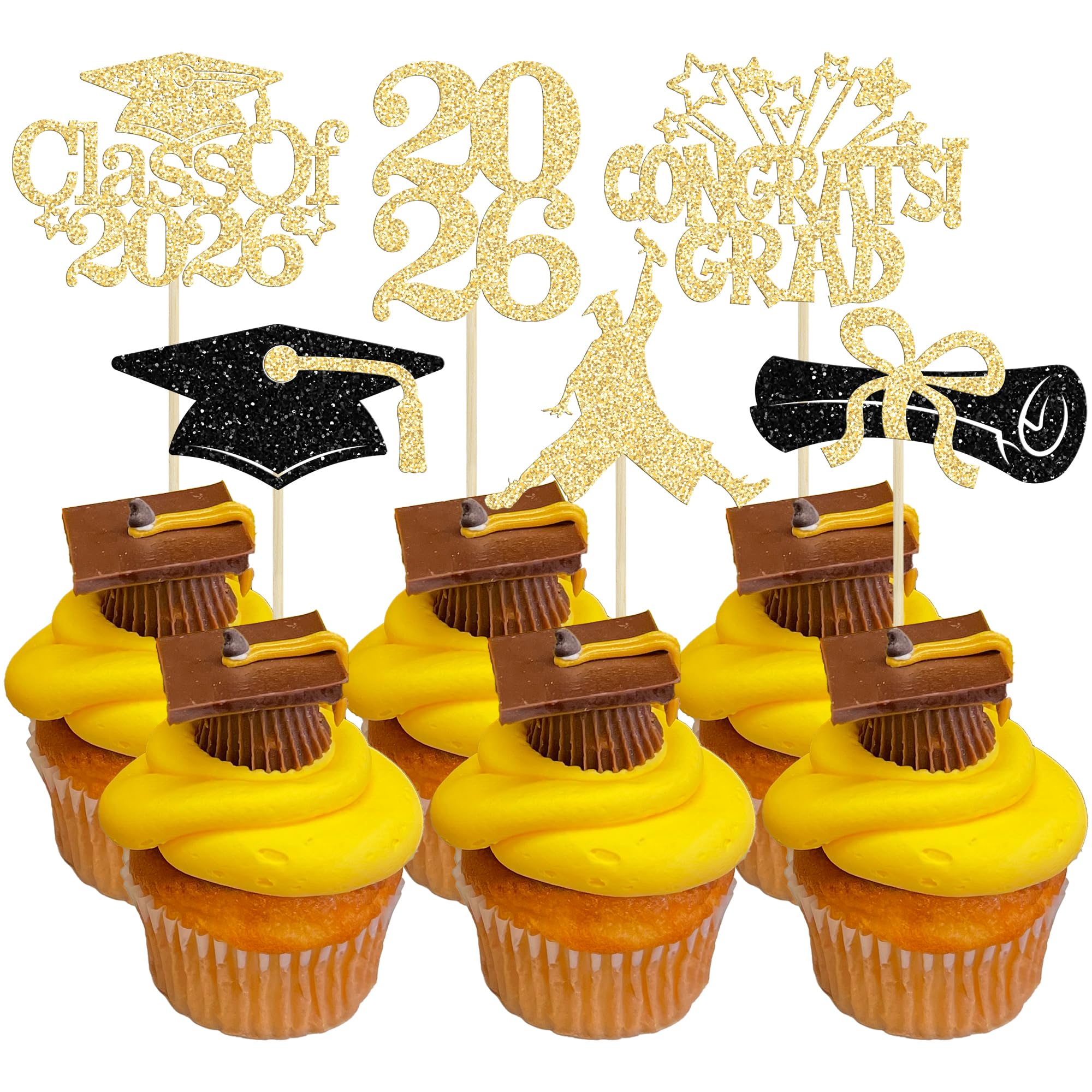 Gyufise 24Pcs 2026 Graduation Cupcake Toppers Glitter Class of 2026 Congrats Grad Cap Diploma Cake Decorations for 2026 Graduation Theme Birthday Party Supplies Black Gold