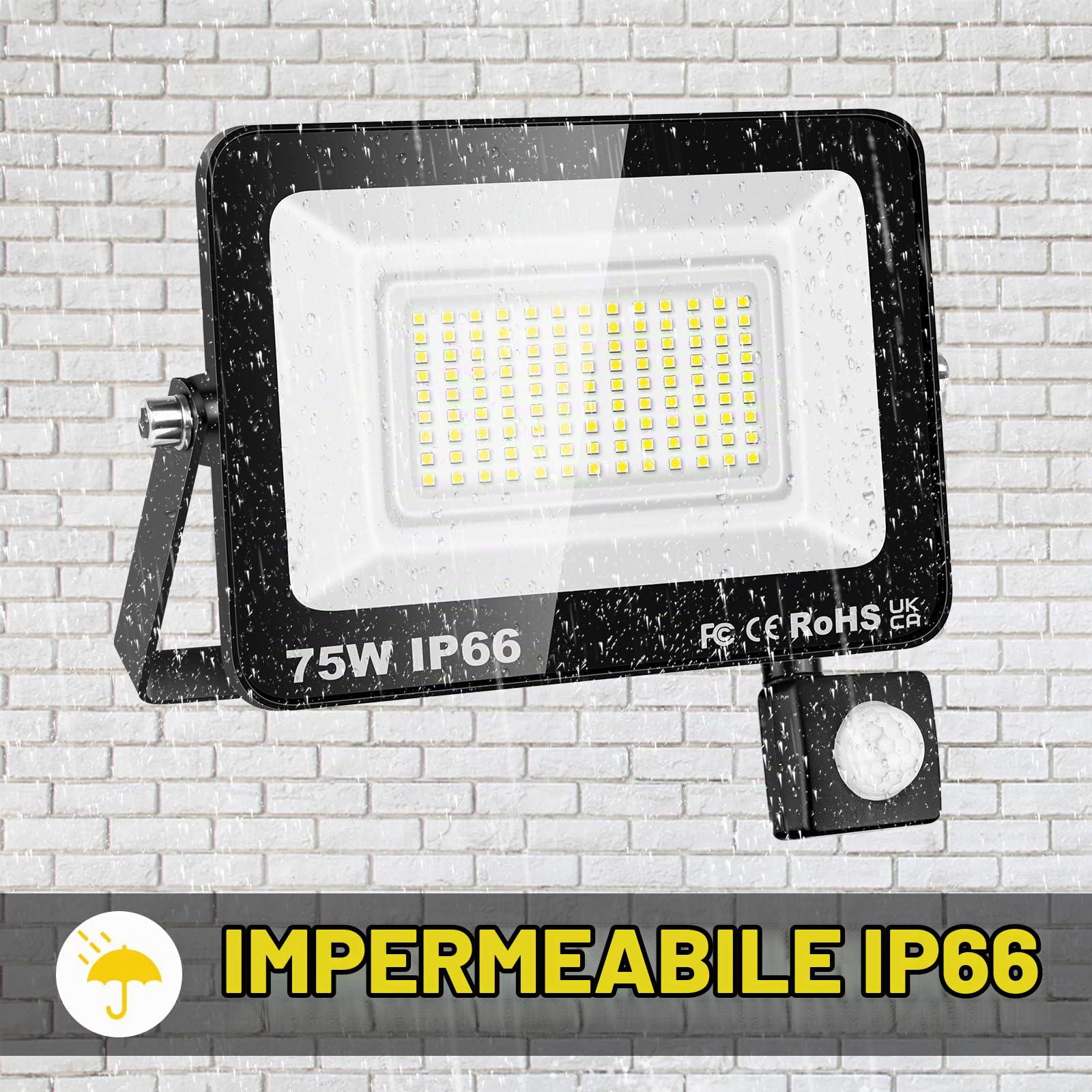 SKYWORLD 2 x Faretto con Sensore di Movimento, 75W 7500LM Fari Led Esterni | Proiettori Faretto Led da Esterno, Luci di Sicurezza Faro per Giardino Garage Patio Terrazza Cortile, 6000K Bianco Freddo