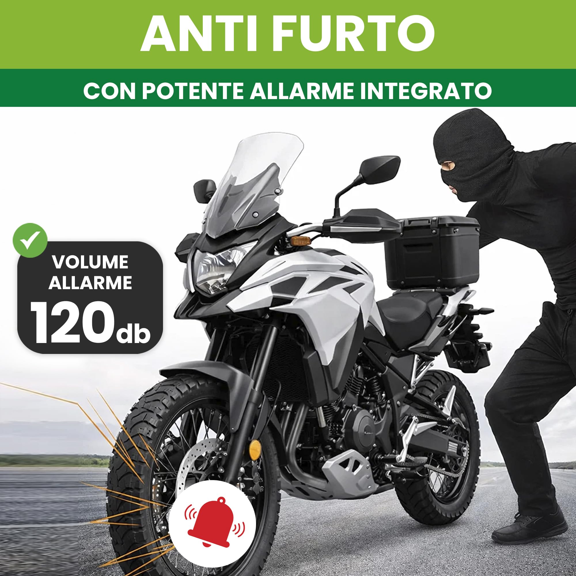 Bloccadisco Moto con Allarme 110 dB – Antifurto Moto Impermeabile in Lega di Alluminio, Lucchetto Blocca Disco 6 mm per Moto Scooter e Bici con Cavo Promemoria e 2 Chiavi