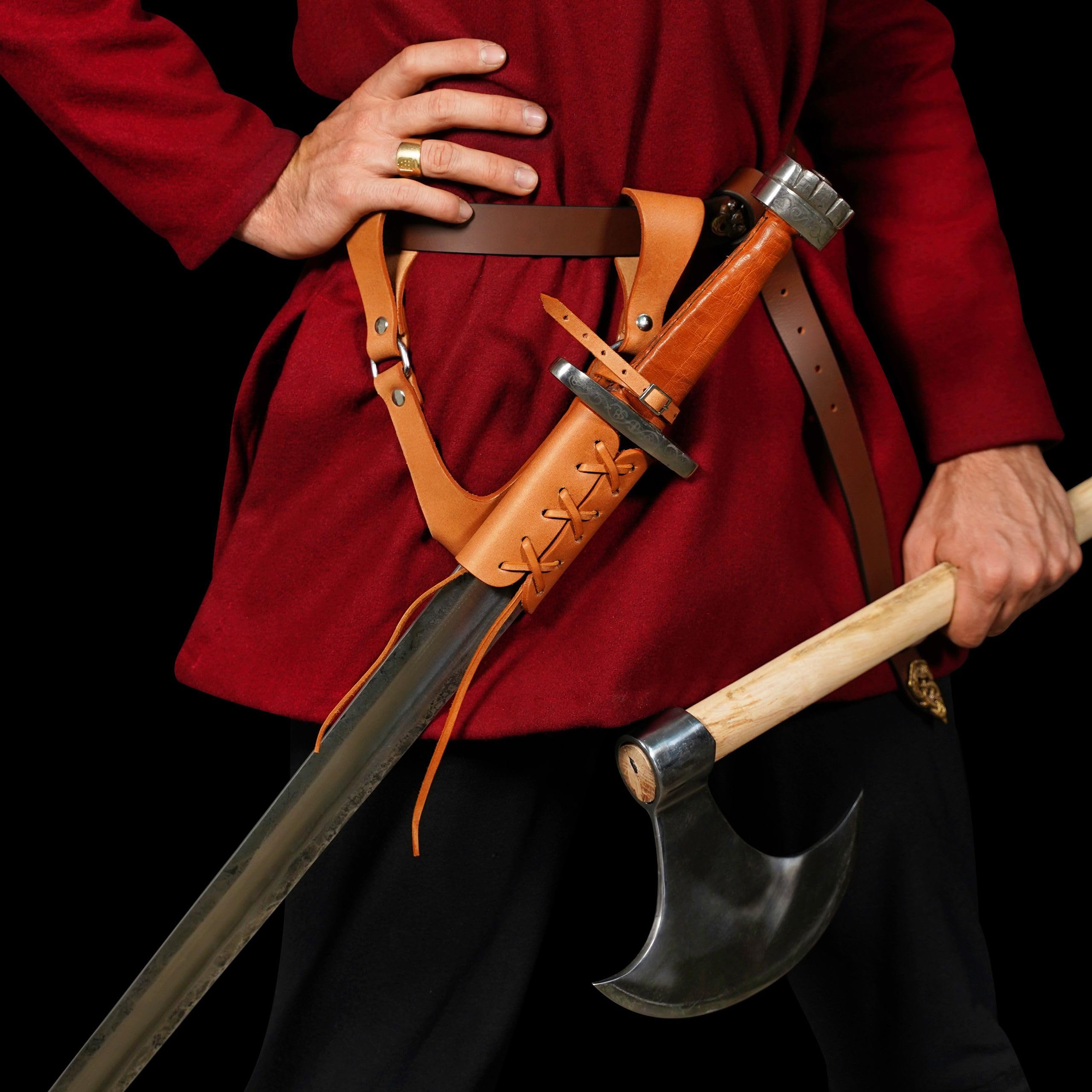 Mythrojan Aventurero medieval de rana espada con soporte de cuero para estoque universal, espada ancha, cutlass