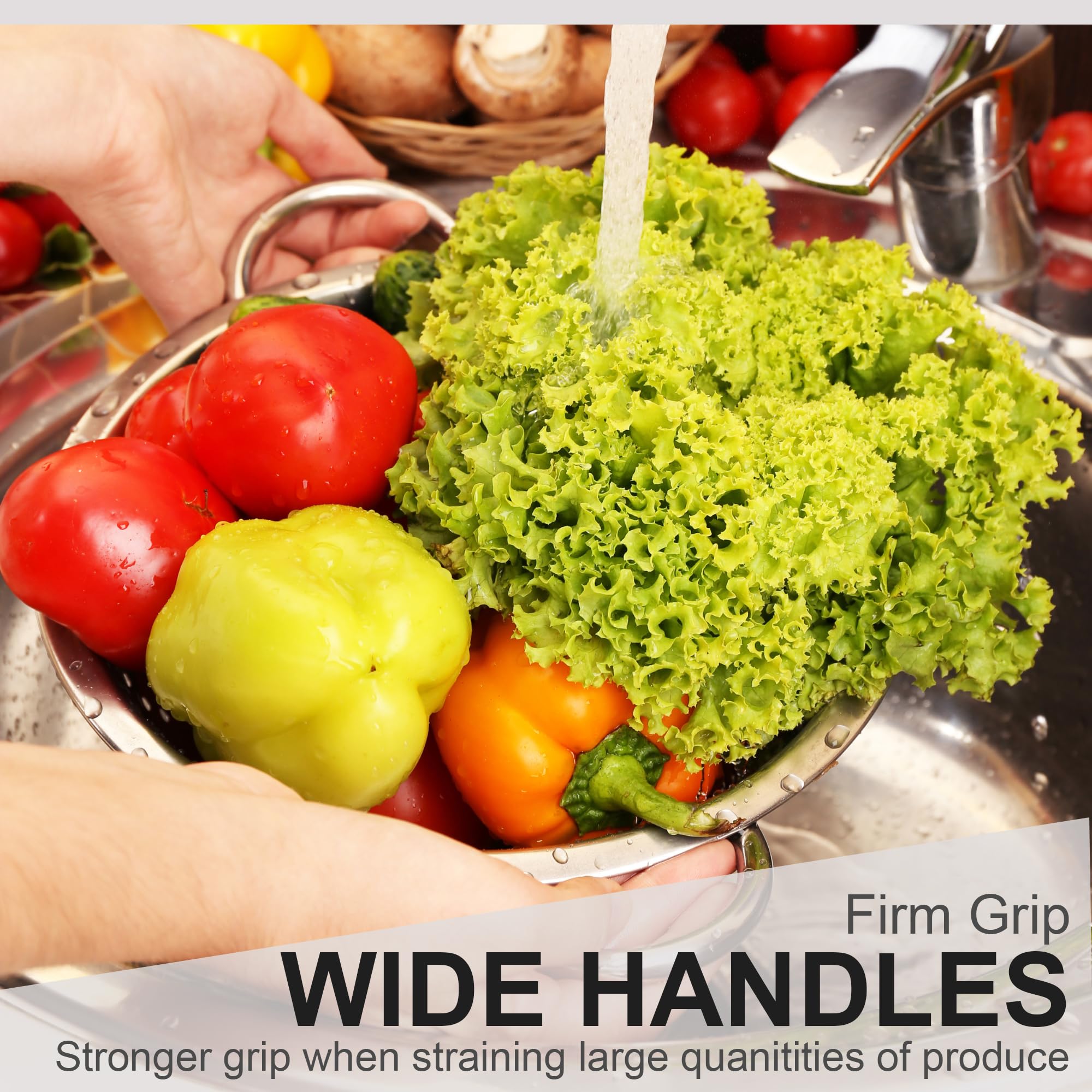 Stainless Steel Colander 24cm (9") - Freestanding with Dimpled Base, Twin Round Handles, Vegetables, Fruits, Kitchen Accessories, Pasta Filter - Image 3