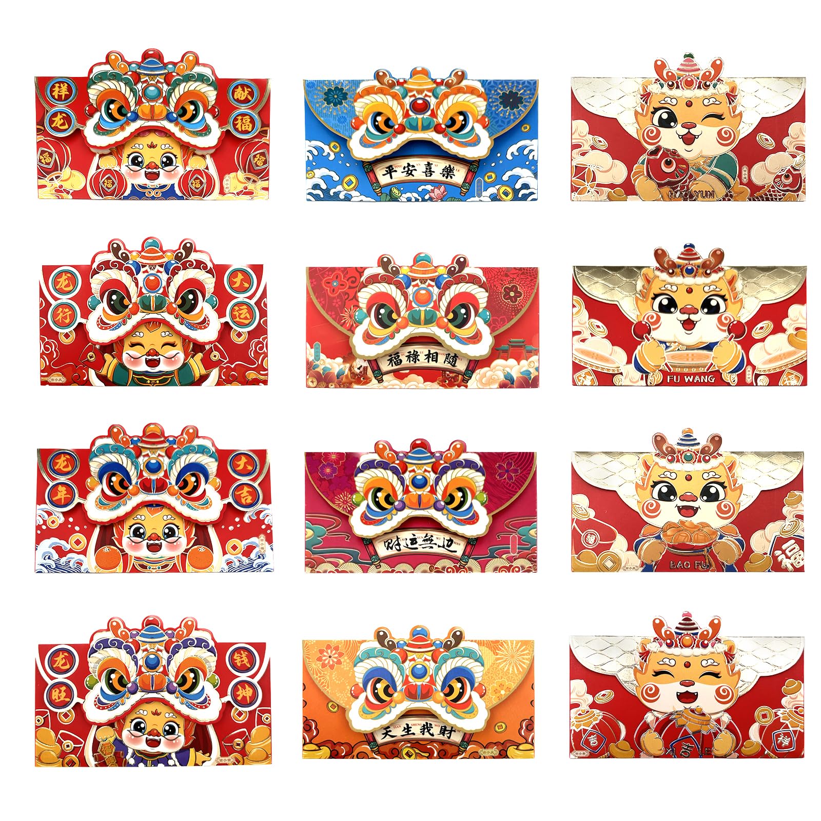 12-Pack Chinese New Year Red Envelope Dragon, 3 Styles for Dragon Red Envelopes Chinese, New Year Gift of Hong Bao Money, Lucky New Year Money