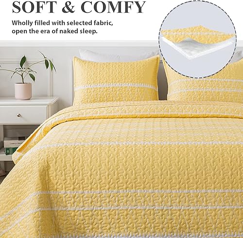 Miniatura 3 de Andency Juego de edredón amarillo de gran tamaño King (114 x 120 pulgadas), 3 piezas (1 edredón estampado de triángulos a rayas y 2 fundas de