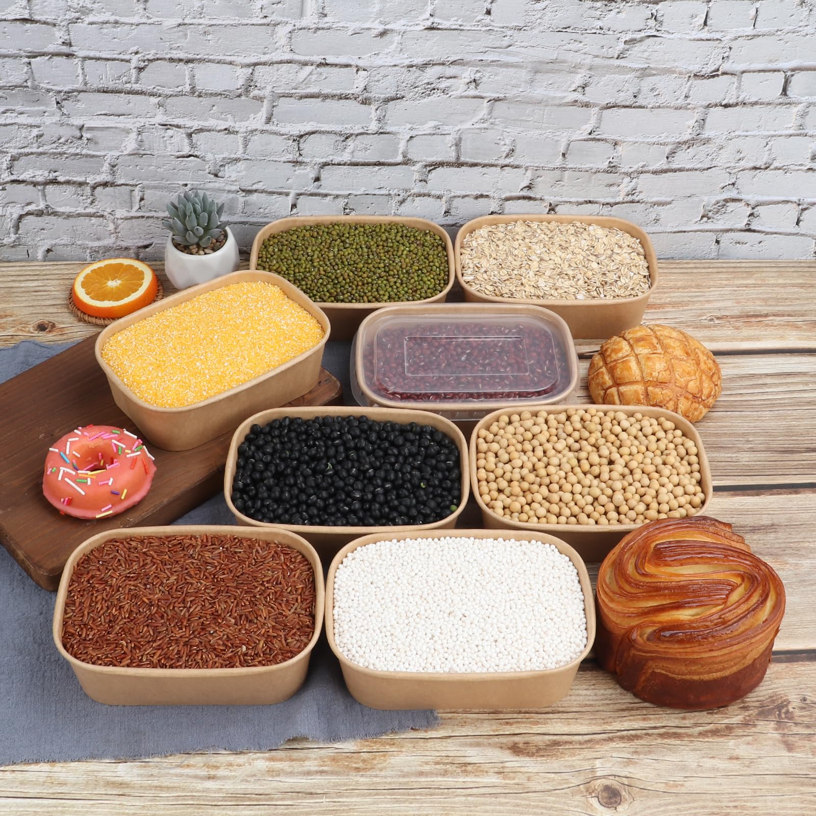 Cuencos desechables de papel kraft de 22 onzas con tapas, recipientes rectangulares para alimentos, cuencos de sopa, suministros de fiesta, cuencos de golosinas, paquete de 50