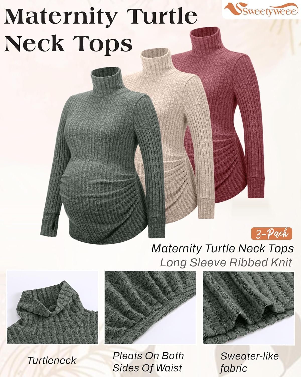 3 Pack Maternity T-Shirts Pregnancy Tops Women Sweater Long Sleeve Turtleneck Ribbed Finger Sleeve Outfits(Army Green, Apricot, Brick Red,XX-Large) - Image 4