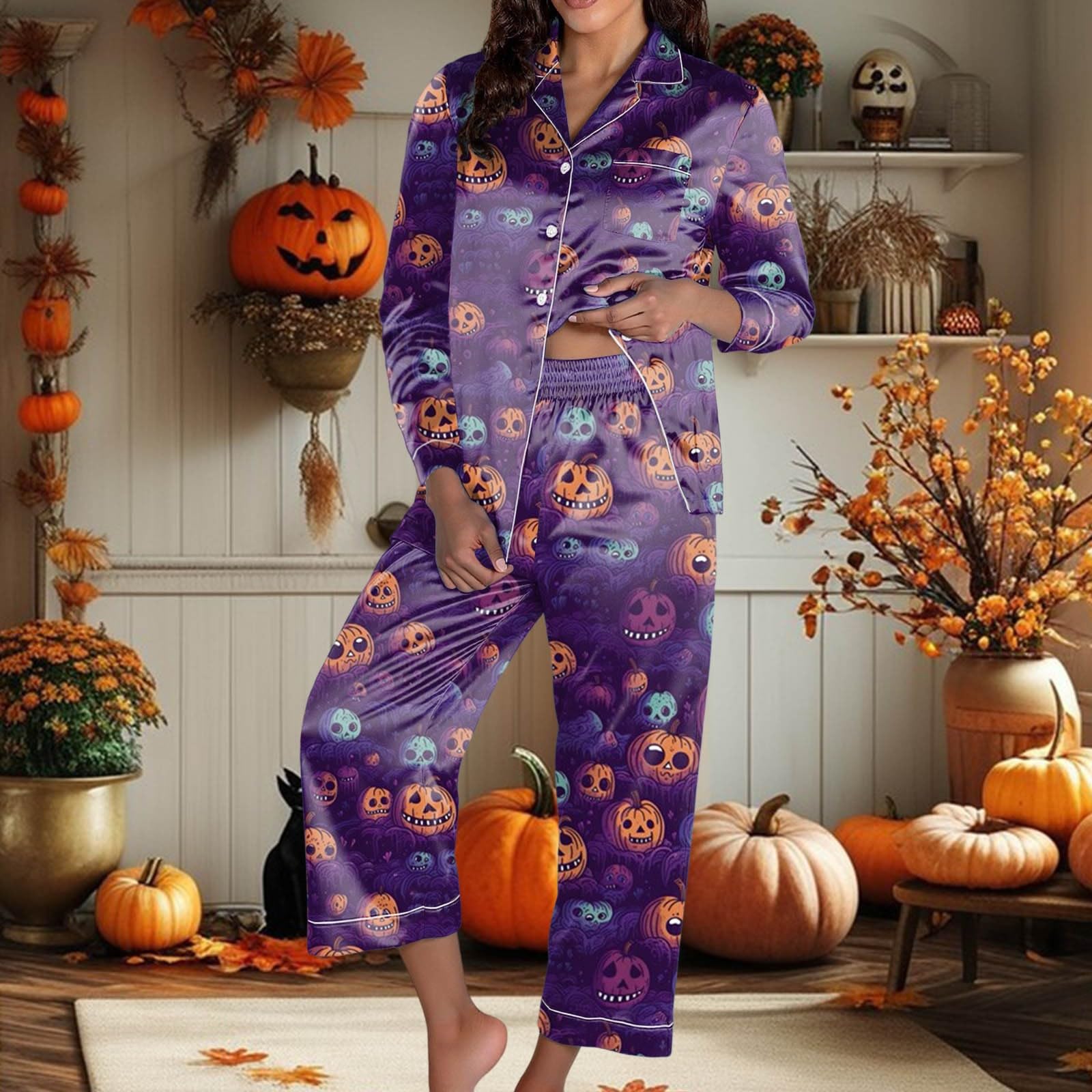 Genérico Pijama Mujer Algodon - Conjuntos de para Mujer con temática de Halloween Conjunto de Pantalones de Manga Larga Ropa de Estar cómoda para Noches acogedoras y relajación