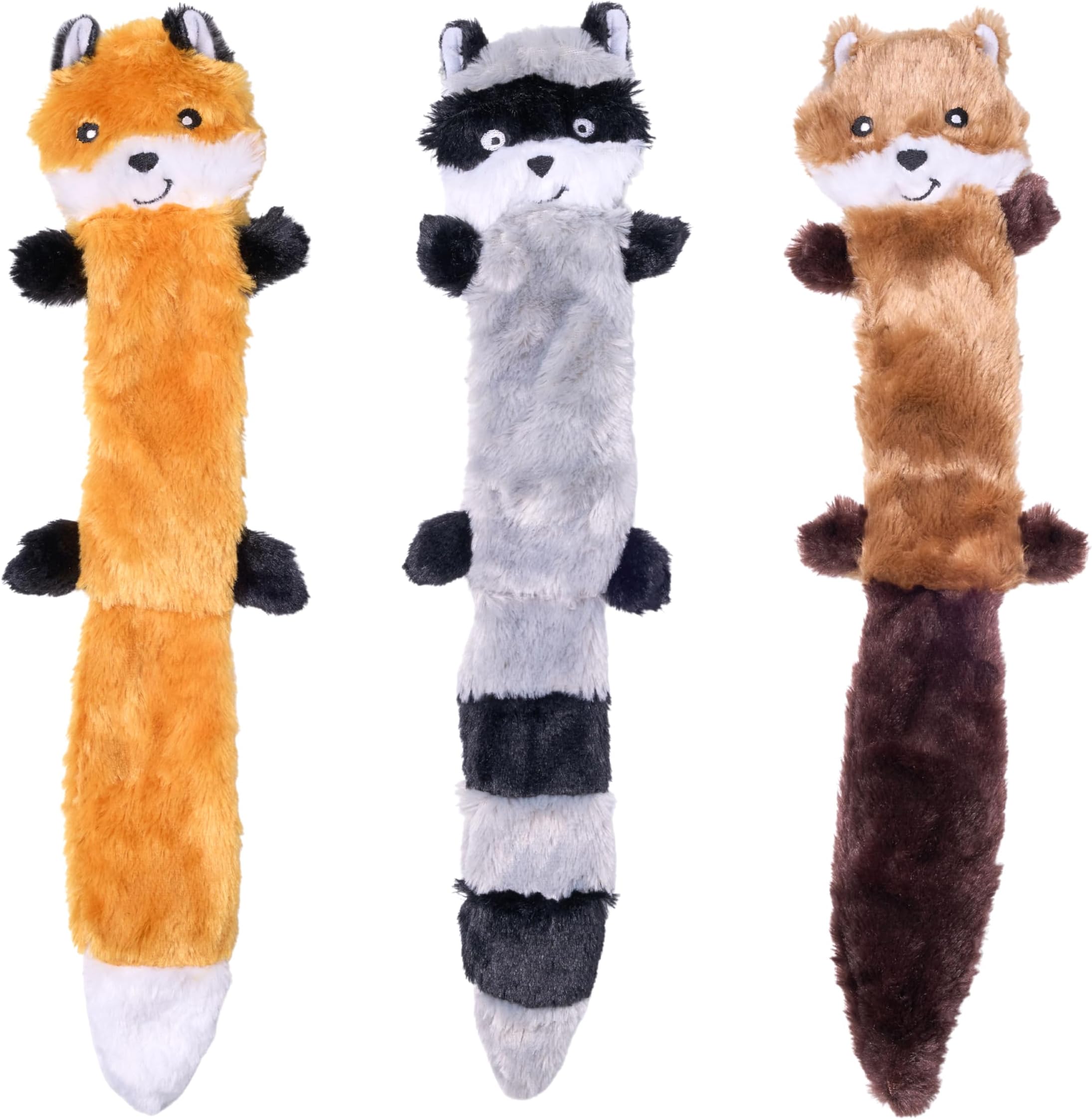 ZippyPaws - Skinny Peltz No Stuffing Squeaky Plush Dog Toy, Fox, Raccoon, and Squirrel - Large