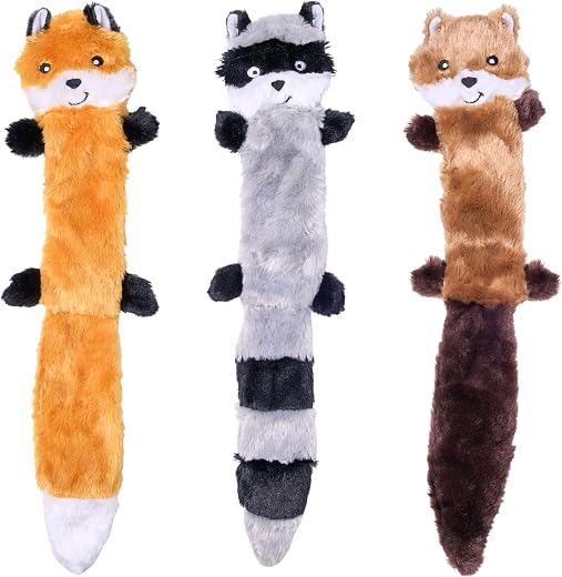 ZippyPaws Skinny Peltz – Fox, Raccoon, & Squirrel – No Stuffing Squeaky Dog Toys, Unstuffed Chew Toy for Small & Medium Breeds, Bulk Multi-Pack of 3 Soft Plush Toys, Flat No Stuffing Puppy Toys – 18″