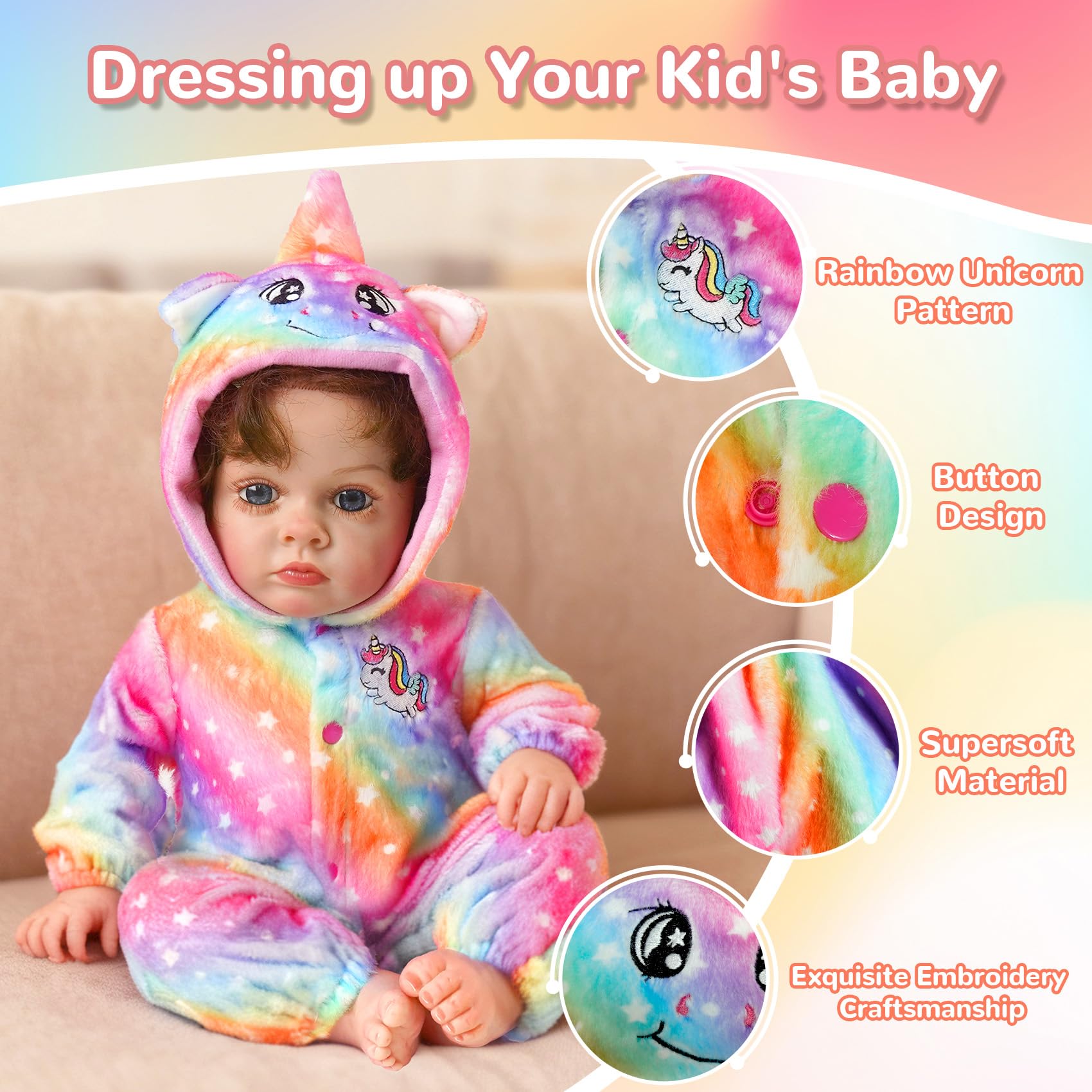ARTST Reborn-Babypuppen-Kleidung mit Stubenwagen, Regenbogen-Einhorn, Reborn-Babypuppen-Zubehör, Outfit-Set für 43,2–55,9 cm Neugeborene, realistisches Spielzeuggeschenk für Mädchen im Alter von 3–12