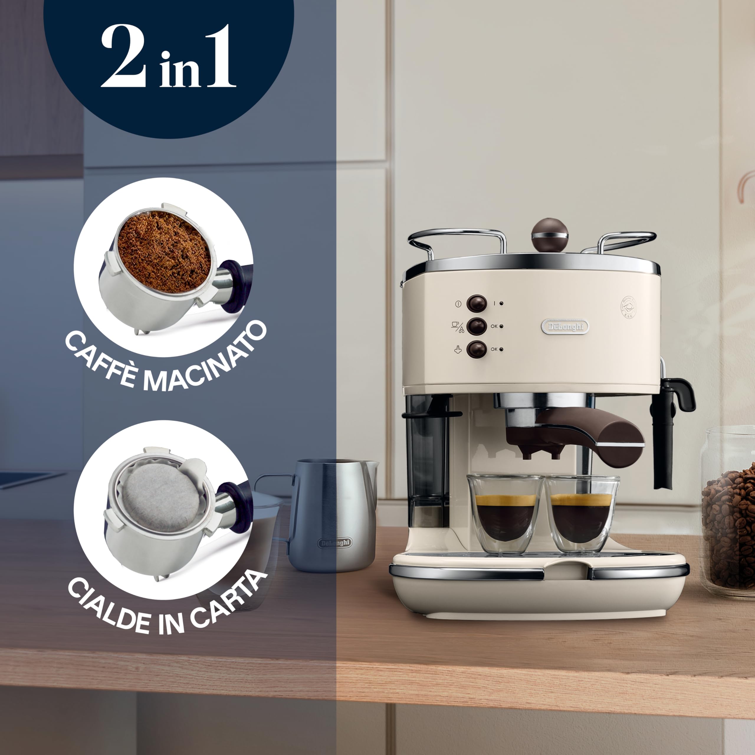 De'Longhi Icona Vintage ECOV 311.BG Macchina da Caffè Espresso Manuale e Cappuccino, Caffè in Polvere o in Cialde E.S.E., 1100 W, Beige