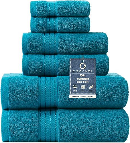 COZYART - Juego de 6 toallas de baño de algodón turco, color verde azulado, suaves, absorbentes, duraderas, 19.17 ozyd, incluye 2 toallas de baño