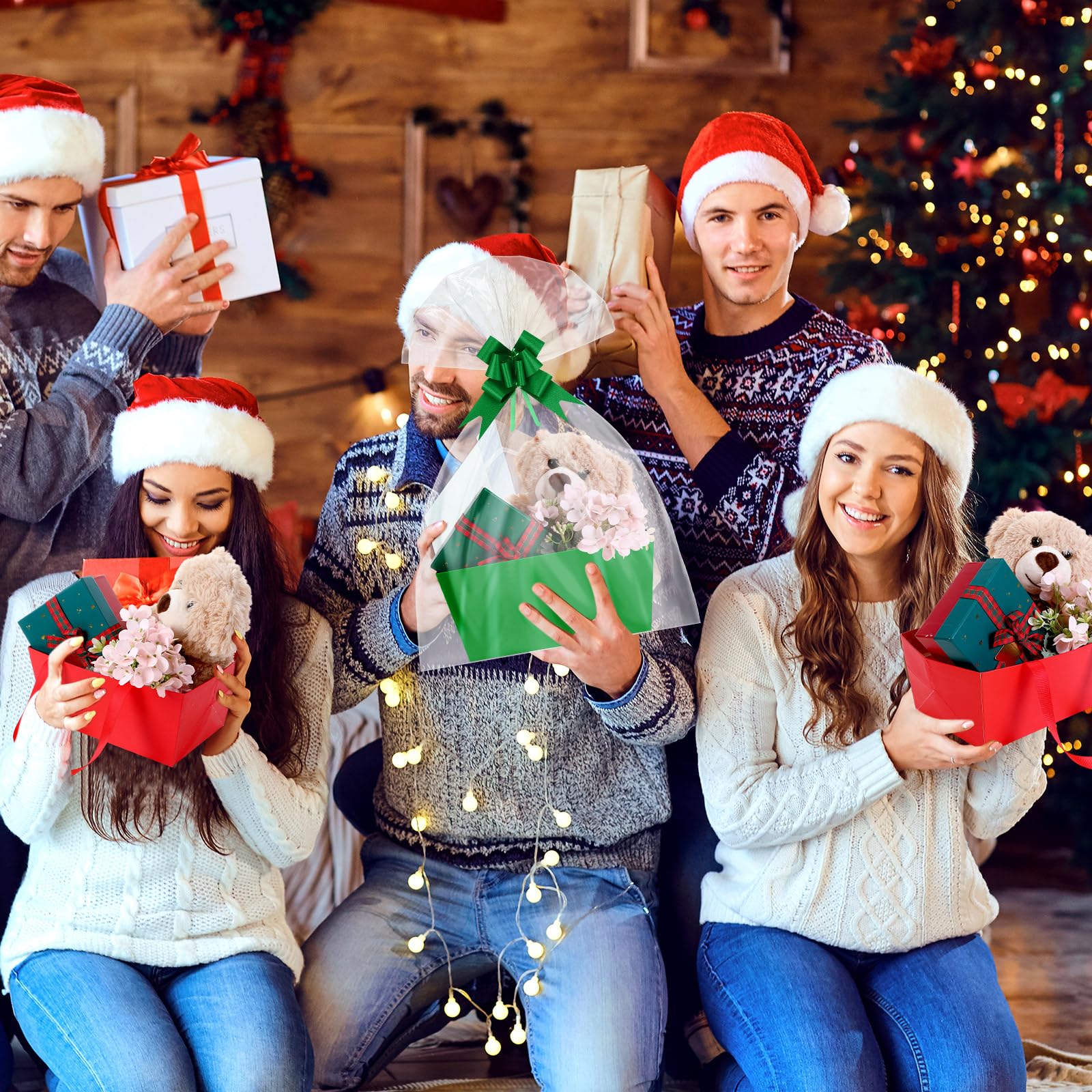Skyygemm 12 cestas de Navidad para regalos, kit vacío de 9.8 x 6.5 pulgadas, cesta de regalo vacía para llenar a granel con asas, bolsas de plástico, lazos para envolver fiestas de Navidad
