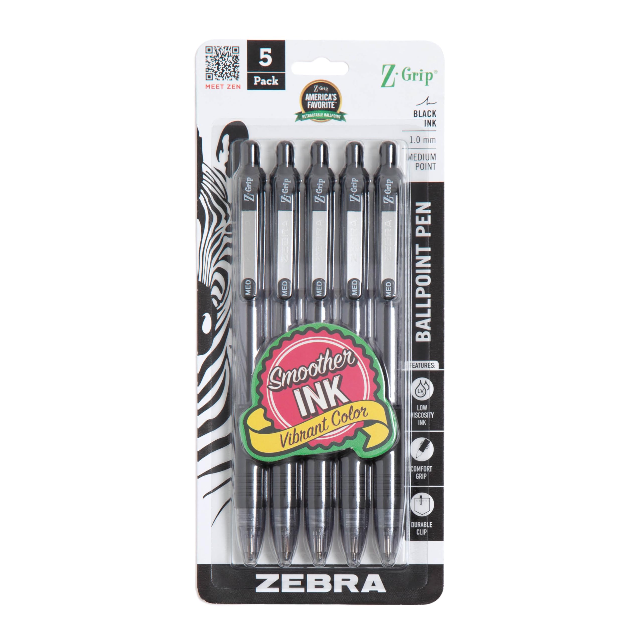 Zebra Pen Z-Grip Retractable Ballpoint Pen, Smooth-Flowing Black Ink, 1.0mm Medium Point, School Supplies, Teacher Supplies, and Office Supplies, 5-Pack (22215)