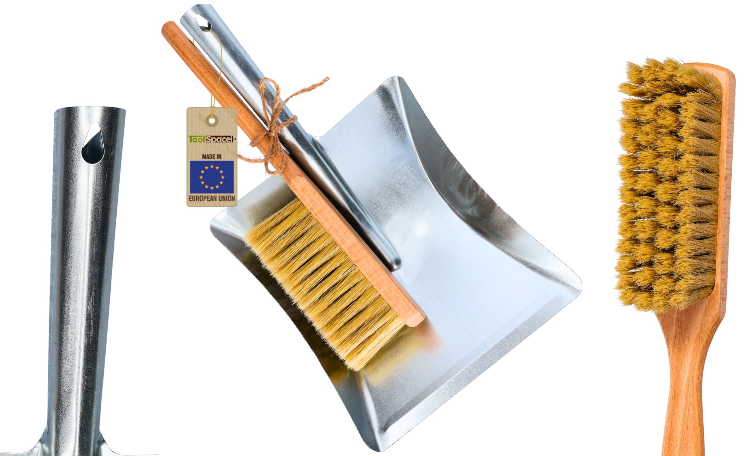 Toolspace Metal, Wood | Set Of 2 Dustpans | Stainless Steel Dustpan | Hand Brush Natural Bristles, Beech Wood Metal Garden | Dustpan Solid | Broom And Dustpan | Hand Broom, Galvanised Dustpan | Dustpan