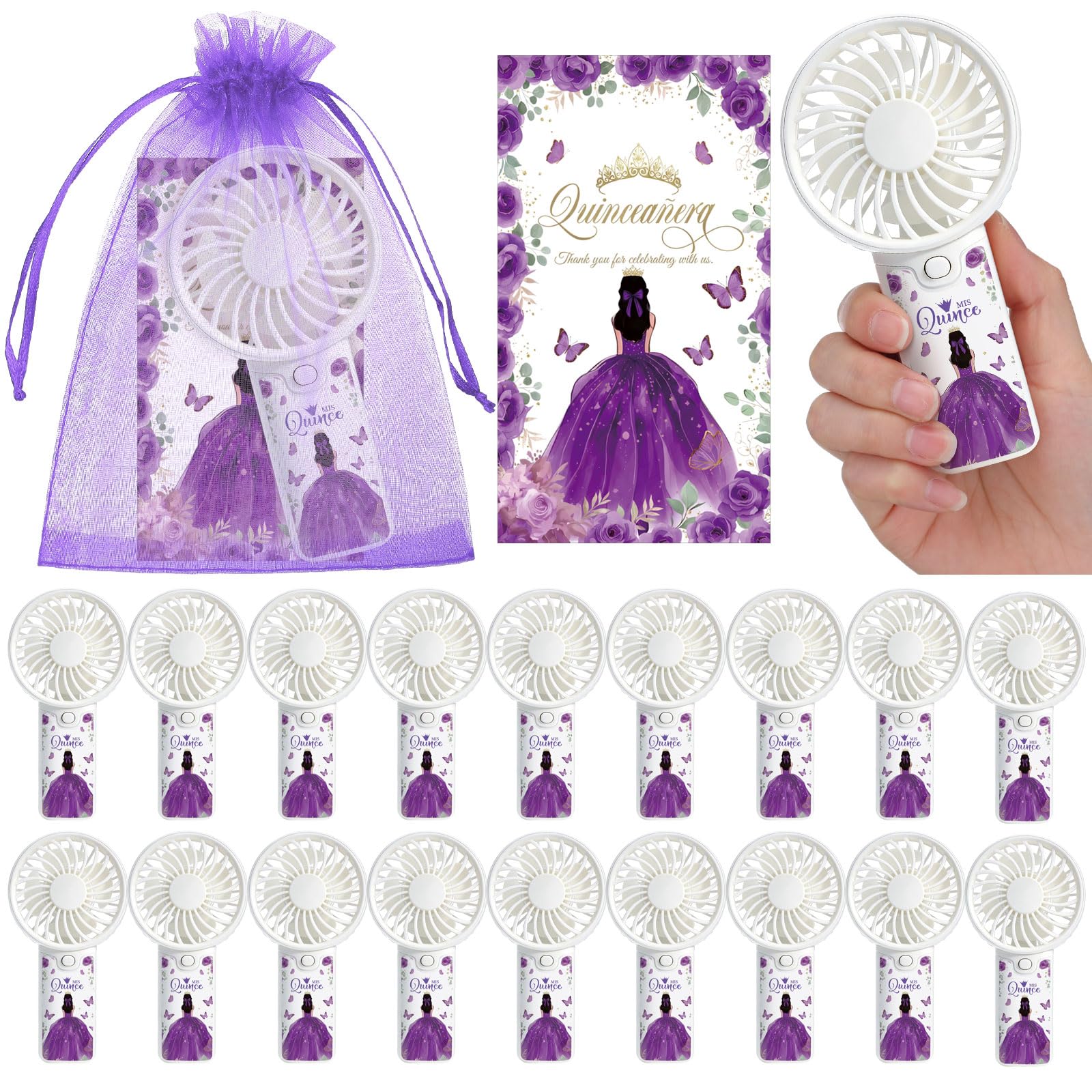 Photo 1 of Tuanse 25 Set Recuerdos Para 15 Años Quinceañeras Quinceanera Fan Party Favors Gifts for Guests Portable Handheld Electric Fans with Thank You Cards Organza Bags for Birthday Decor Guests(Purple)