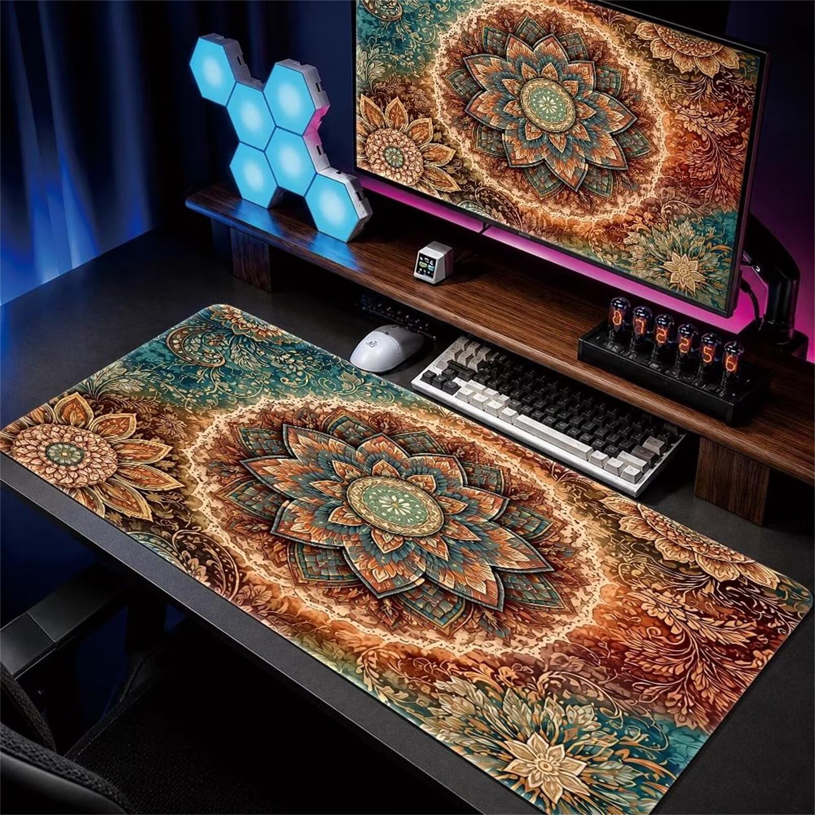 Grand Tapis de Souris de Jeu 1000x500x2 mm Mouse Pad Gaming Motif Mandala Ohébien Tapis de Bureau Antidérapant avec Bords Cousus pour Bureau, Études, Gamer