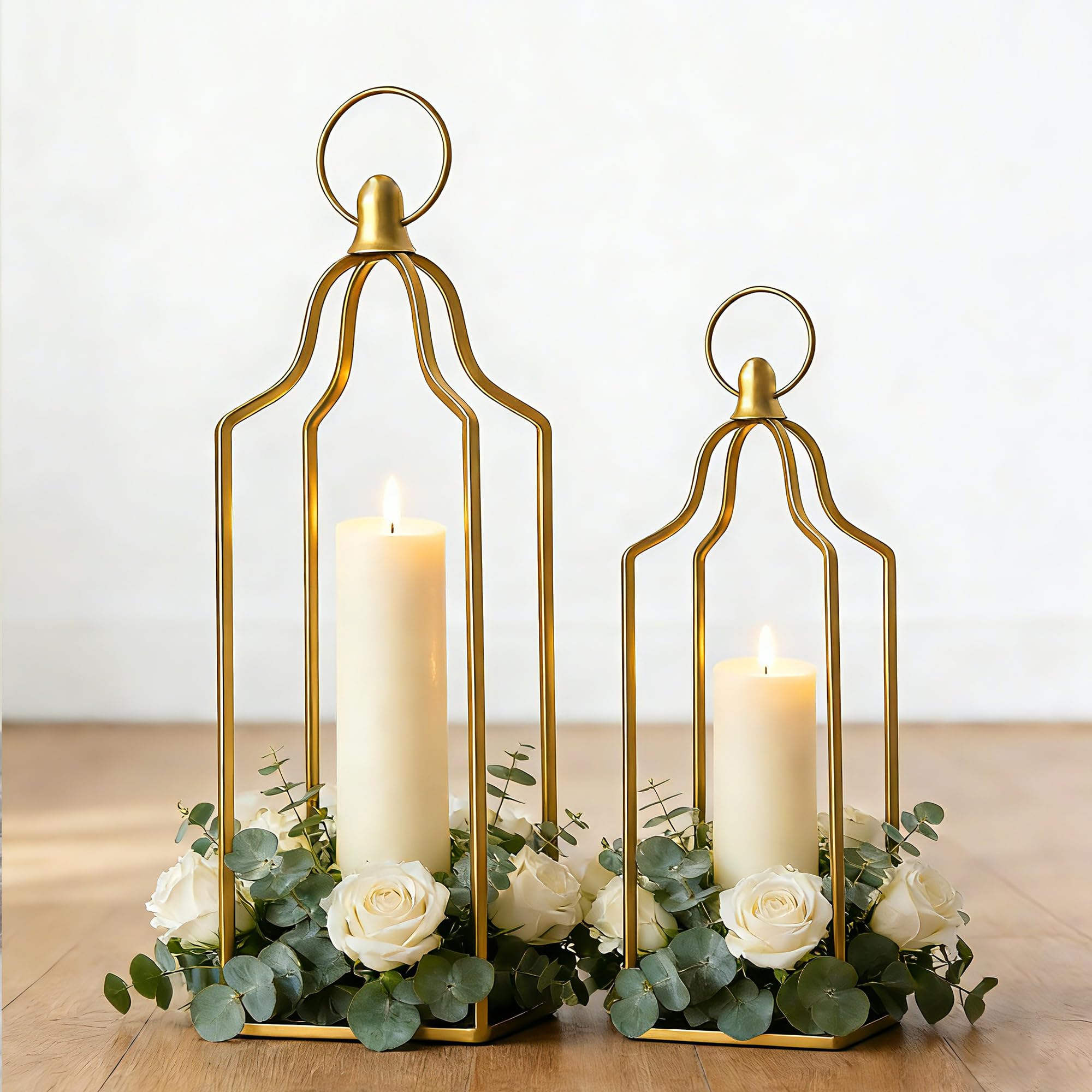 Lot de 2 lanternes décoratives en métal rustique pour maison, intérieur et extérieur, salon, cheminée, terrasse, mariage et centres de table de cuisine (doré, 36,8 x 31 cm)