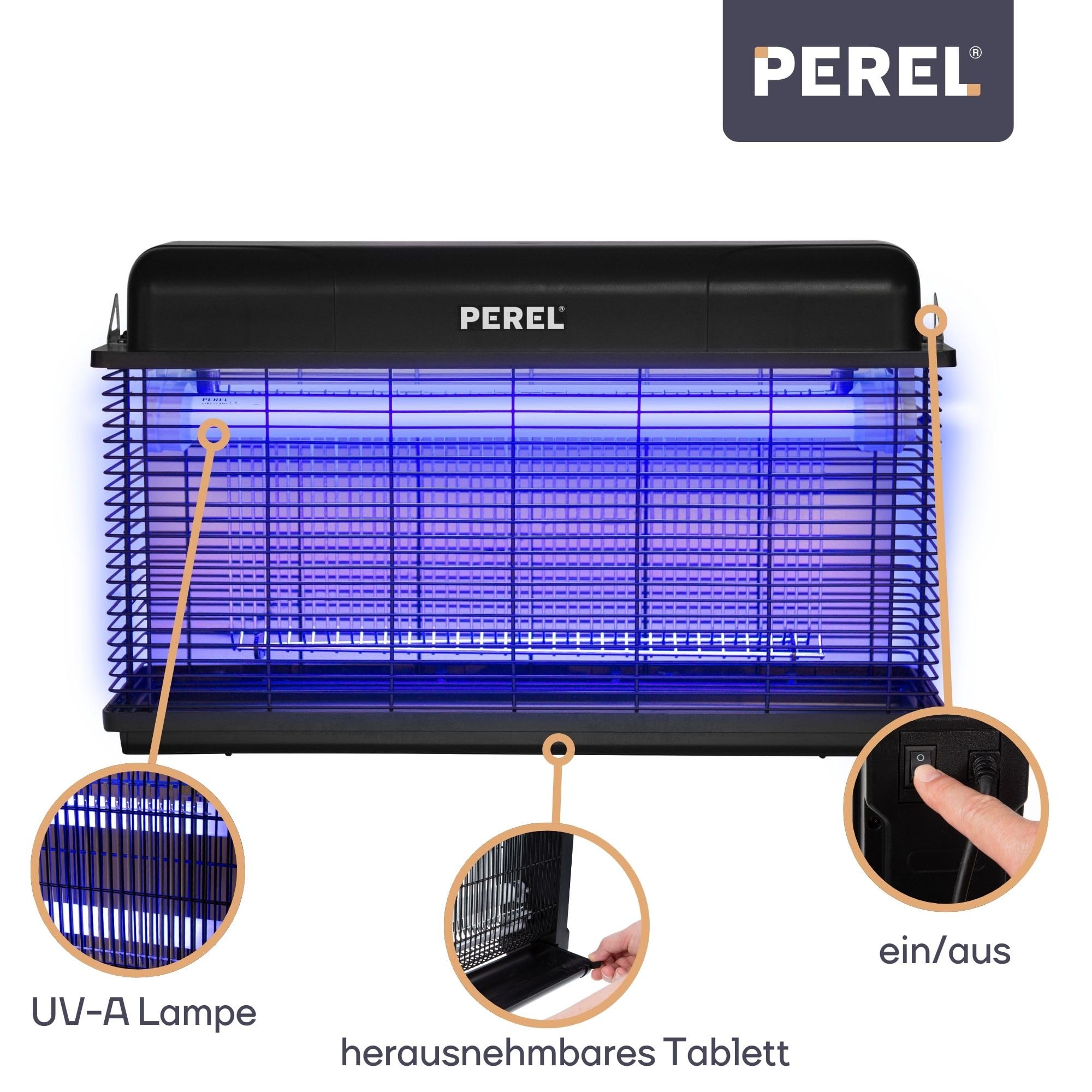 Perel Elektrischer LED UV Insektenvernichter, 3000V Hochspannungsgitter, IPX4 spritzwassergeschützt, abnehmbare Auffangschale, 100 m² Abdeckung, leistungsstark für Innen und Außen