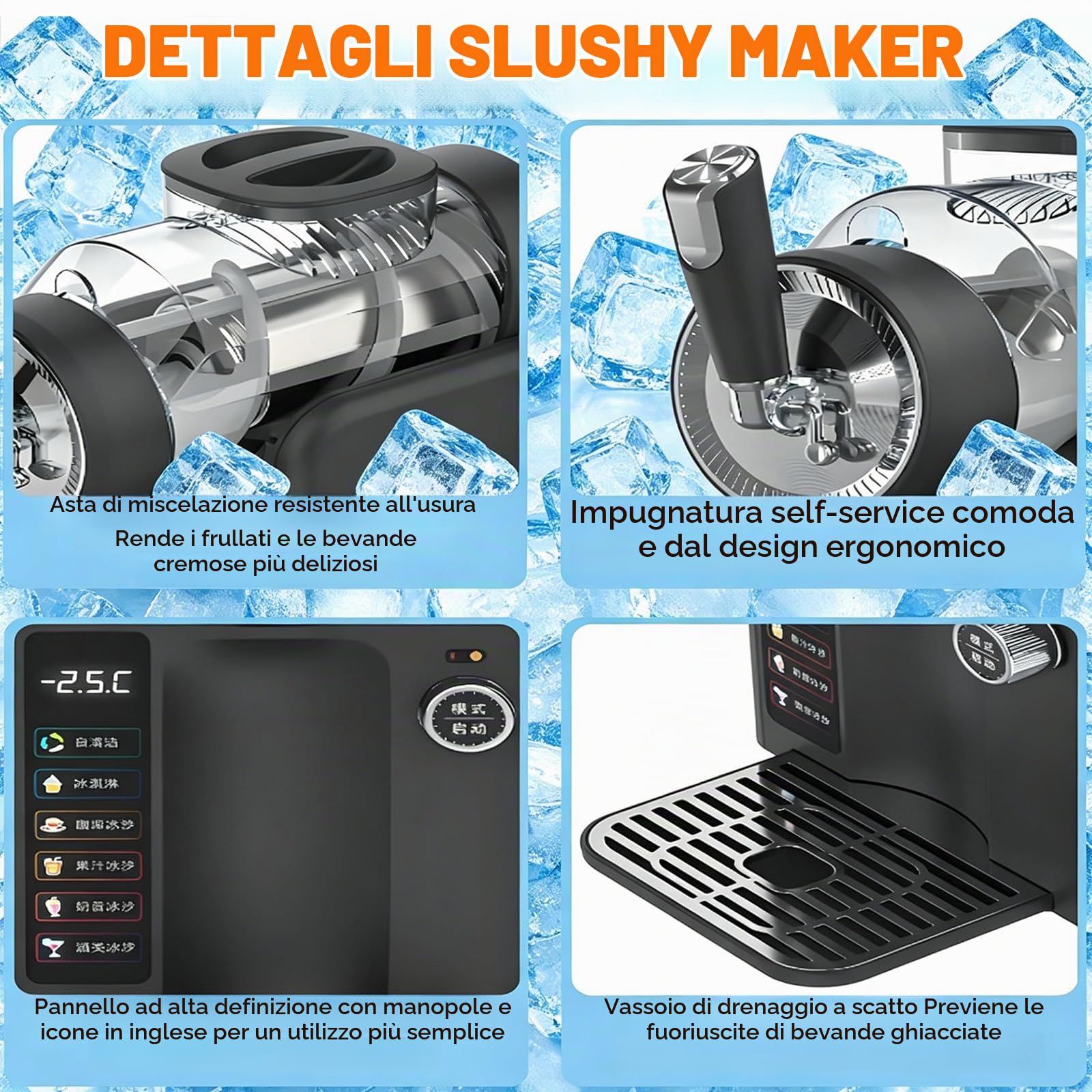 Macchina per Granite 5 in 1 per Bevande Fredde e Gelato Soft, Macchina per Granite autoraffreddante con capacità di 2 Litri, Senza Ghiaccio, 5 modalità preimpostate, autopulizia White