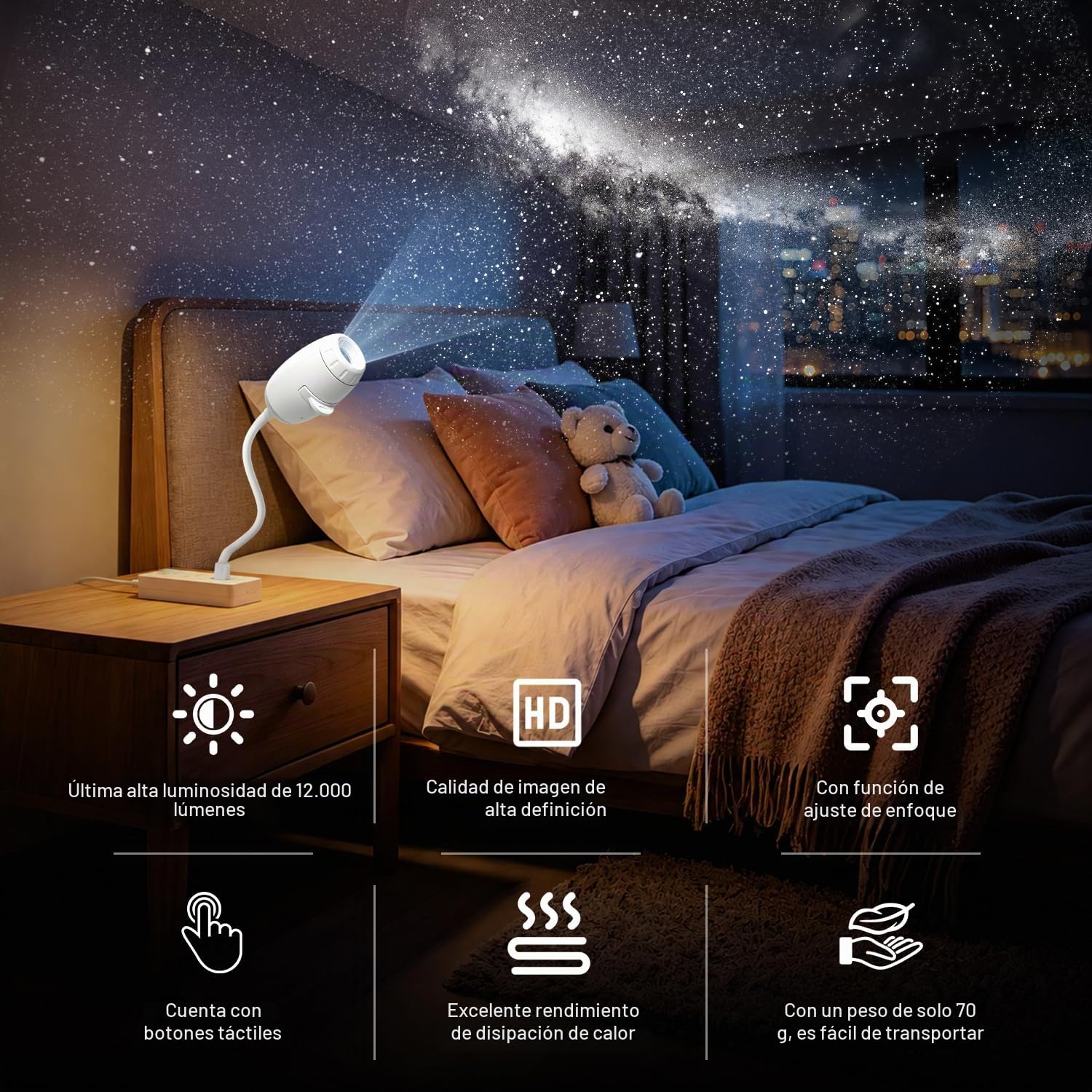 Proyector de galaxia y estrellas 2 en 1, luz nocturna LED espacial ajustable a 360°, proyector de techo USB con 3 películas de proyección deslizantes, luz nocturna planeta estelar
