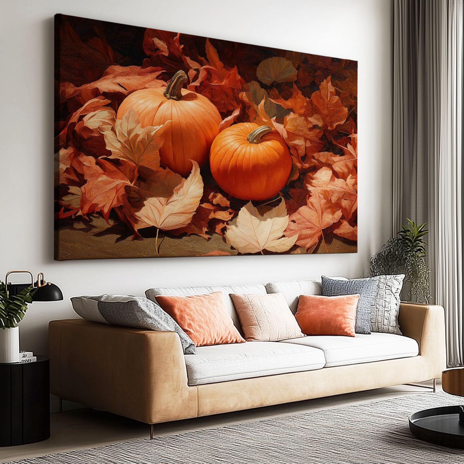 Generisch Modern Pflanzen Herbst Kürbis Blätter Modernes Leinwandbild 90L x 60B cm mit Rahmen, Landhausstil XXL Wanddeko für Wohnzimmer Geschenk Idee Einzug - Hochwertiger Kunstdruck auf Holzrahmen