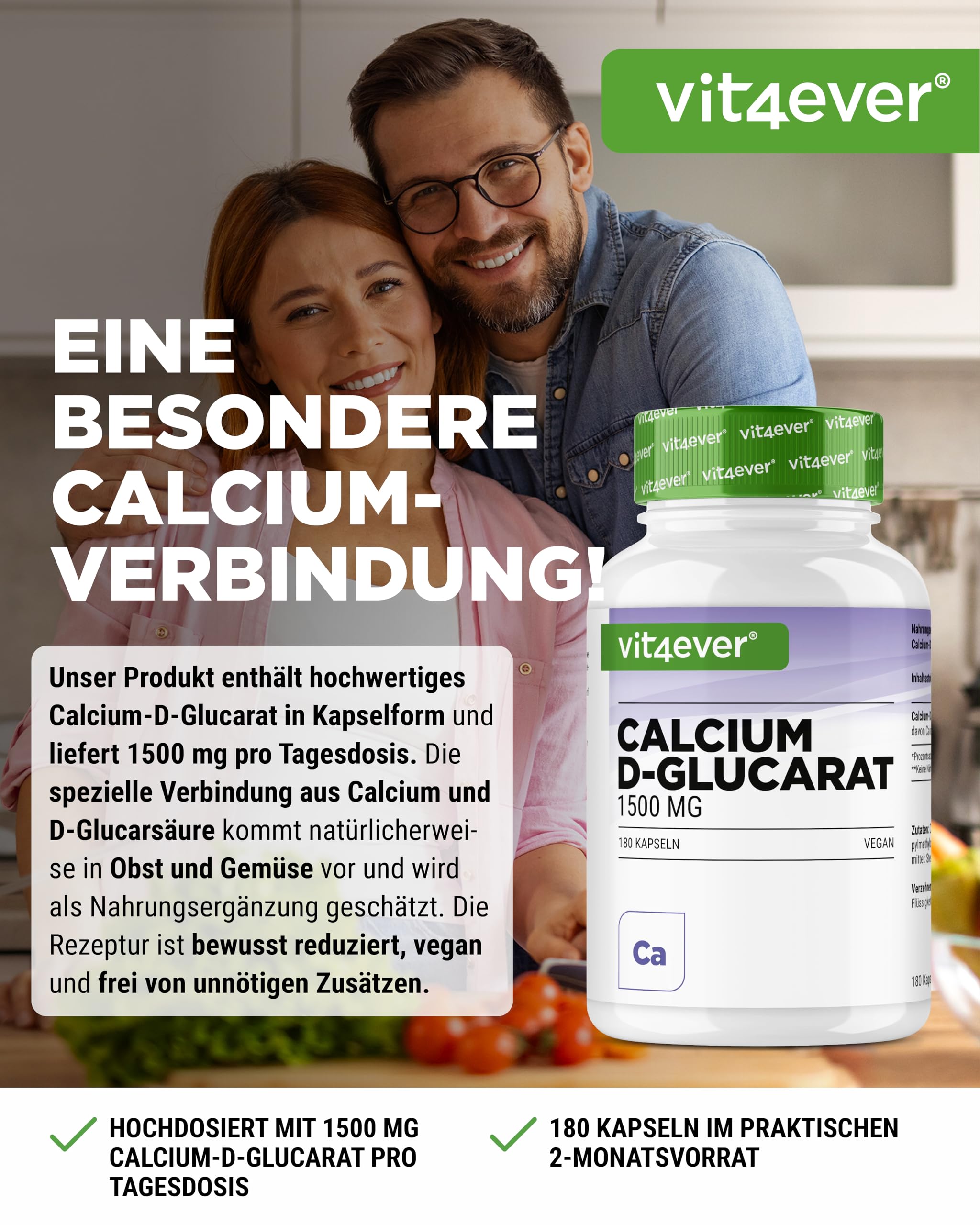 vit4ever Calcium-D-Glucarat - 180 Kapseln - 1500 mg pro Tagesdosis | 2 Monate Vorrat, 222 mg Calcium (28 % NRV), vegan & ohne Zusätze