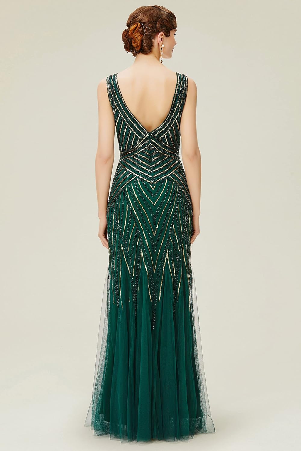 BABEYOND Women's Flapper Dress 1920s V-Neck Evening Gown Sequin Beaded Maxi Dress for Wedding Green Gold - Image 2