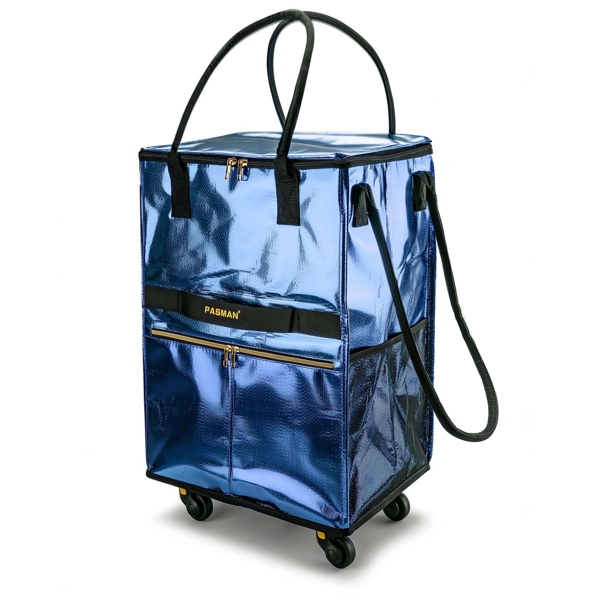 PASMAN Reusable Foldable Rolling Grocery Bag on 5 Wheels,Large,Navy Blue
