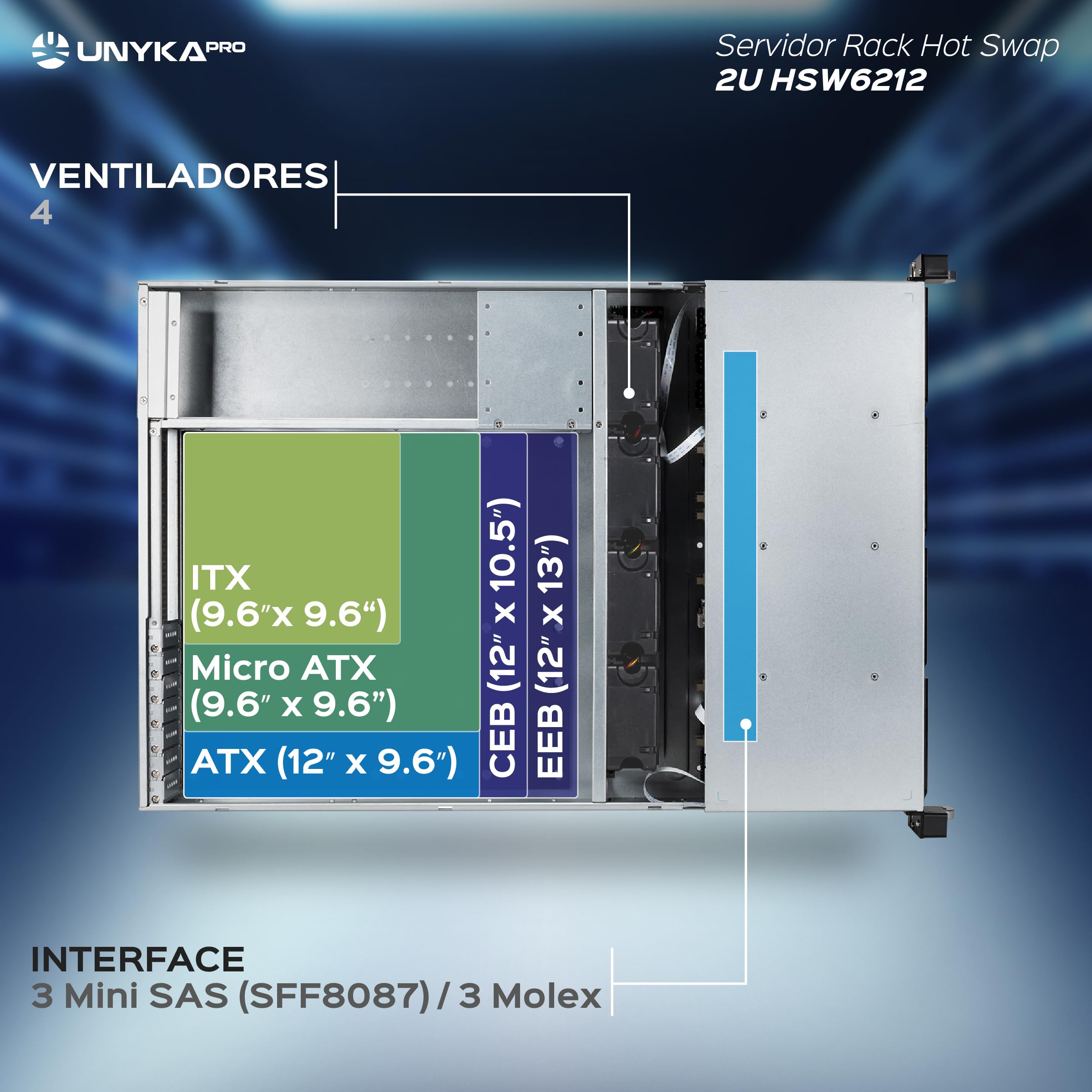UNYKAch Chasis Rack Hot Swap HSW6212 (Sustitución de Bahías en Caliente) 2U, ATX, 12 Bahías Compatibles con Discos de 3,5″ o 2.5”, 4 Ventiladores de 80 mm, 2 USB 2.0