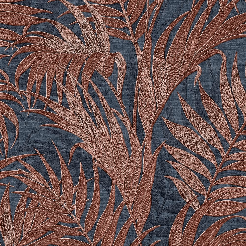 Yöl Navy/Orange Grace Tropical Palm Leaf Wallpaper Textured Paste The Wall Vinyl Natural Jungle Themed