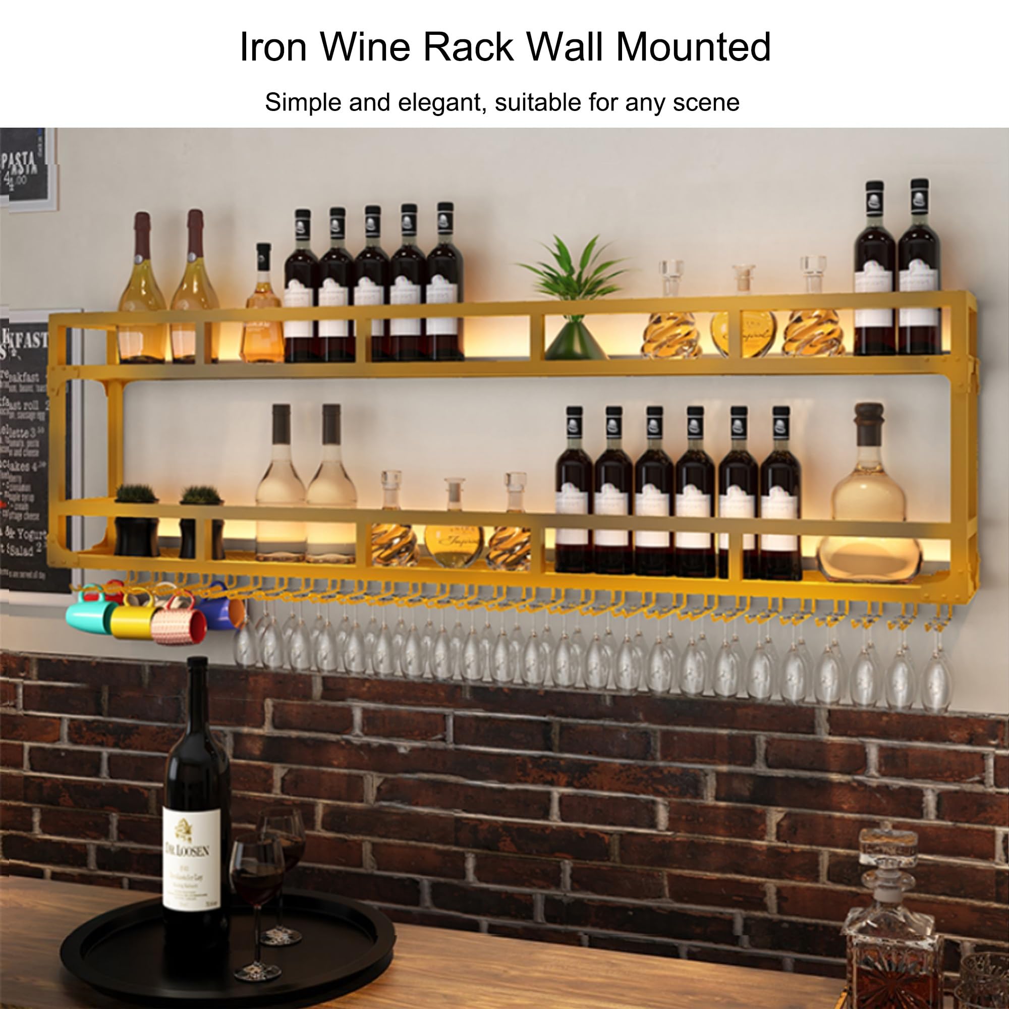 Portabottiglie Porta Bottiglie di Vino da Parete con Portabicchieri Cantinetta Vino con Luce Scaffale da Parete Mensole Cucina Angolo Bar per Casa Mobile Bar per Cucina Sala da Pranzo Bar(Gold,2 LAYER