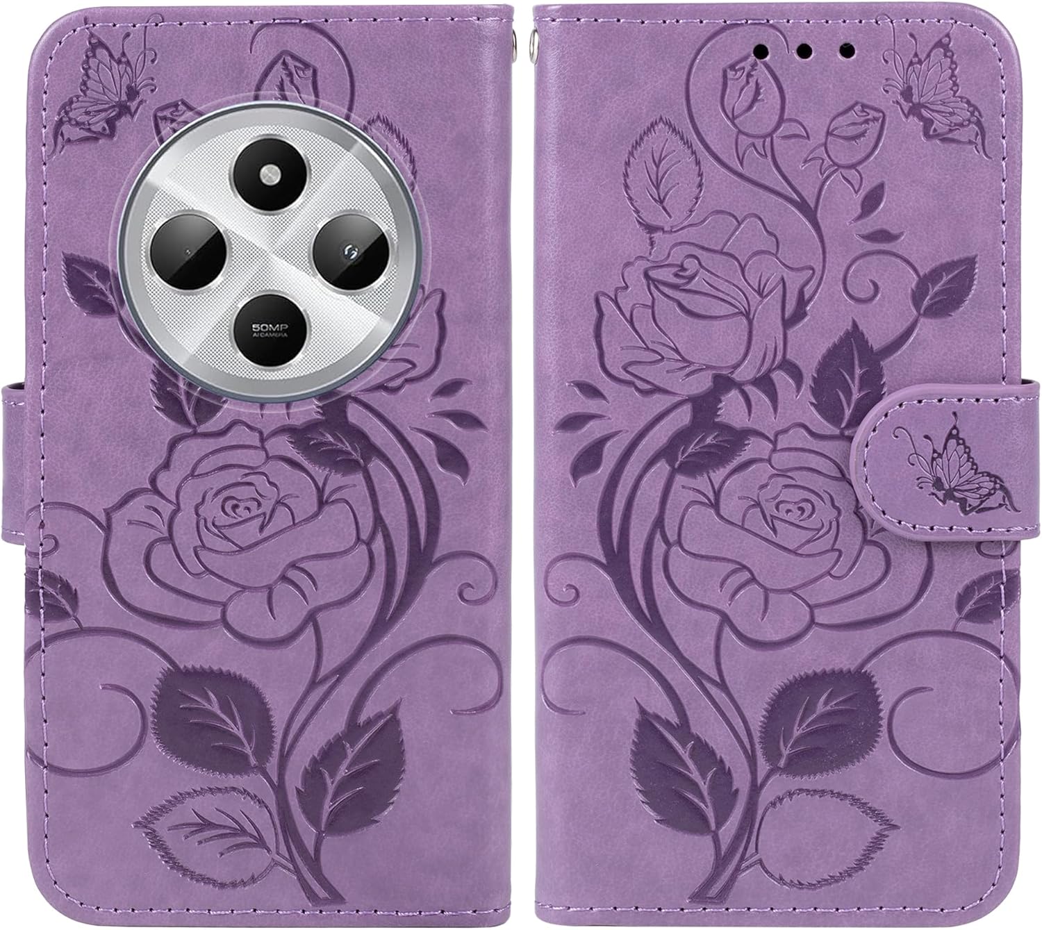 Case for Redmi 14C Case, 2411DRN47C Wallet Case with Tempered Glass Screen Protector, Flower Leather Flip Credit Card Holder Stand Phone Cover Cases for Xiaomi Redmi 14C Purple - Image 4
