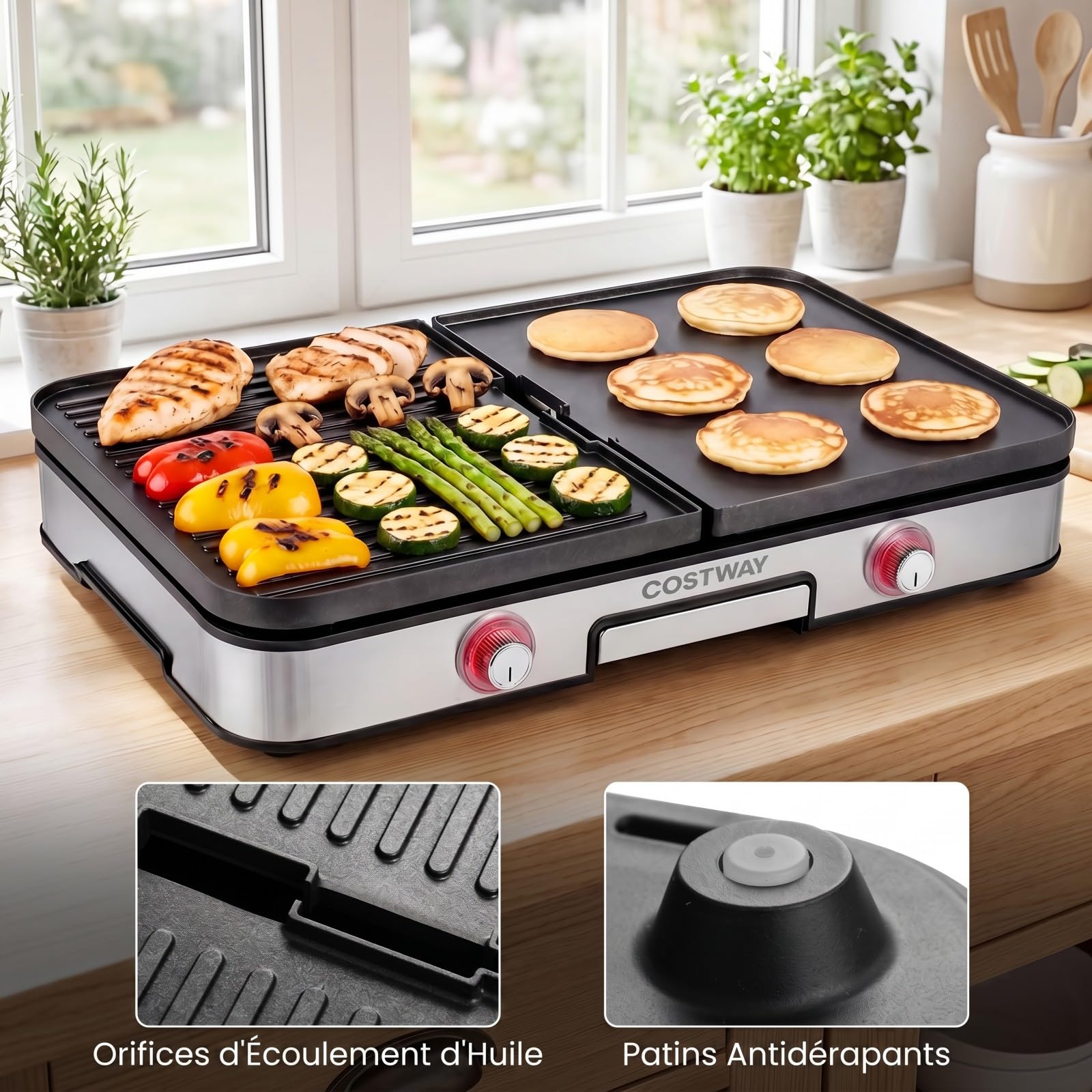 COSTWAY 3 en 1 Plancha Électrique 2000W, Double Zone, Plancha Grills avec 2 Plaques Réversibles, Protection Contre les Éclaboussures, Bac à Graisse Amovible, pour Intérieur et Extérieur