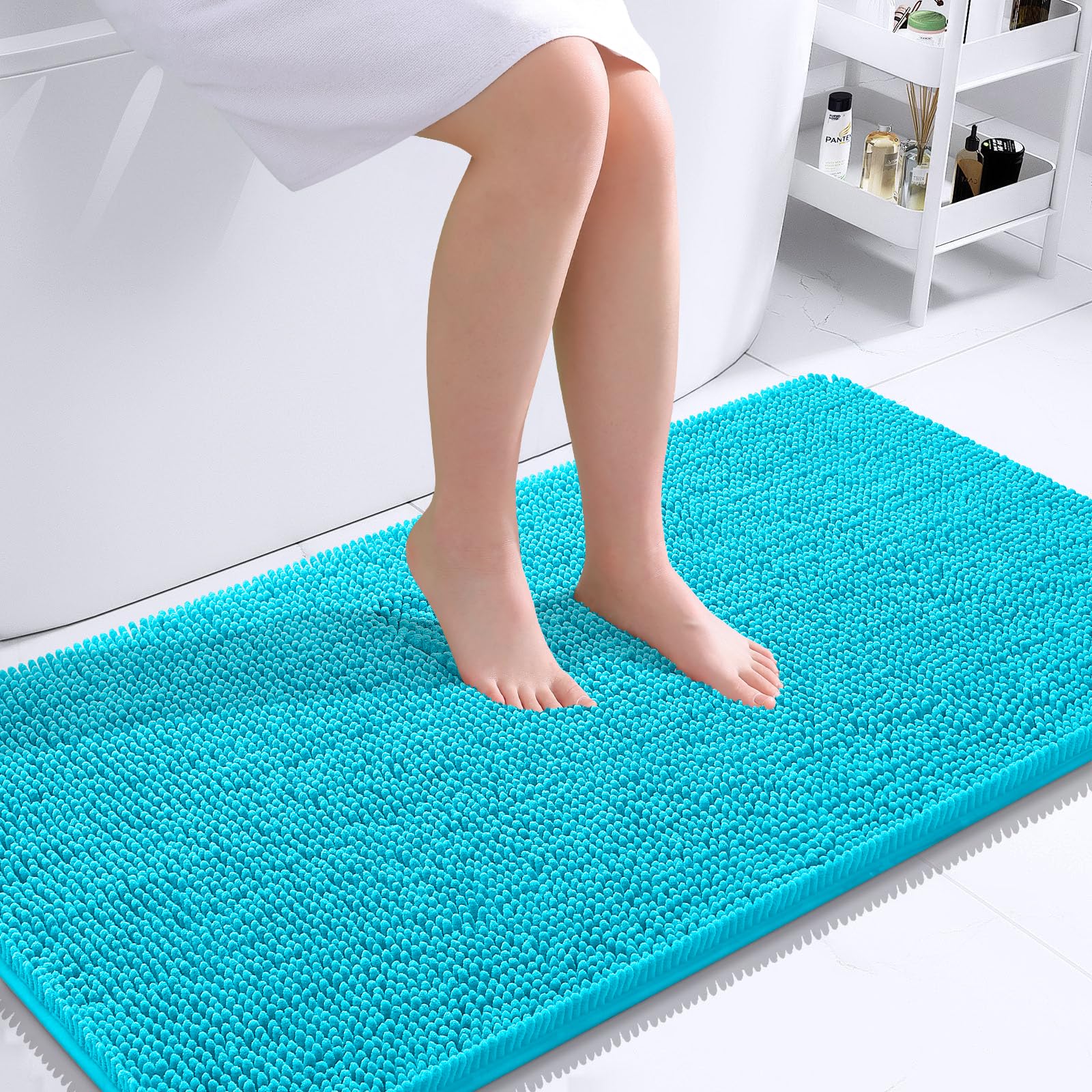 OLANLY Bathroom Runner Rugs 40x24, Extra Soft Absorbent Chenille Bath Rugs | Aqua Sky, Quick-Drying Rubber Backing, Washable Long Bath Mat for Bathroom Floor, Tub and Shower, Home Decor Accessories