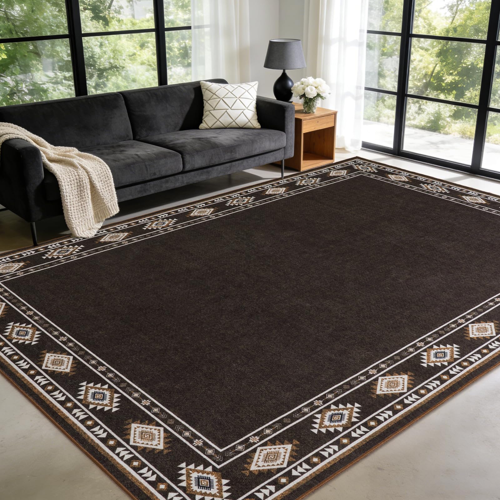 Photo 1 of QDUIDU Large Area Rug for Bedroom Living Room, 9x12 Feet Ultra Soft Brown Rugs Washable Modern Geometric Bordered Non Slip Low Pile Carpets Home Decor