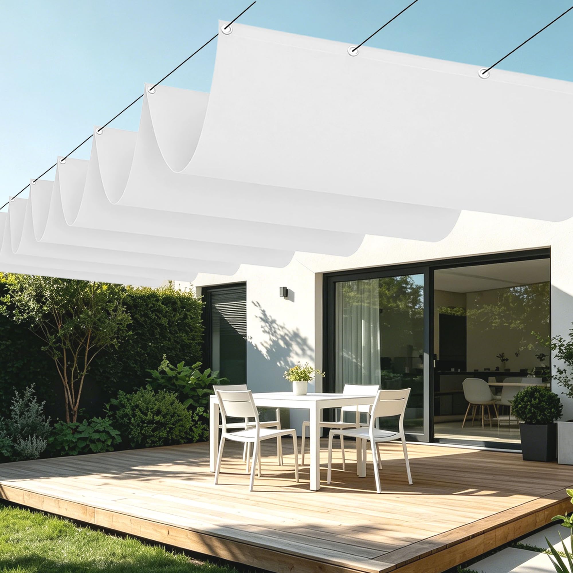 Voile ombrage rétractable vague pour aménager un salon de jardin design et ombragé