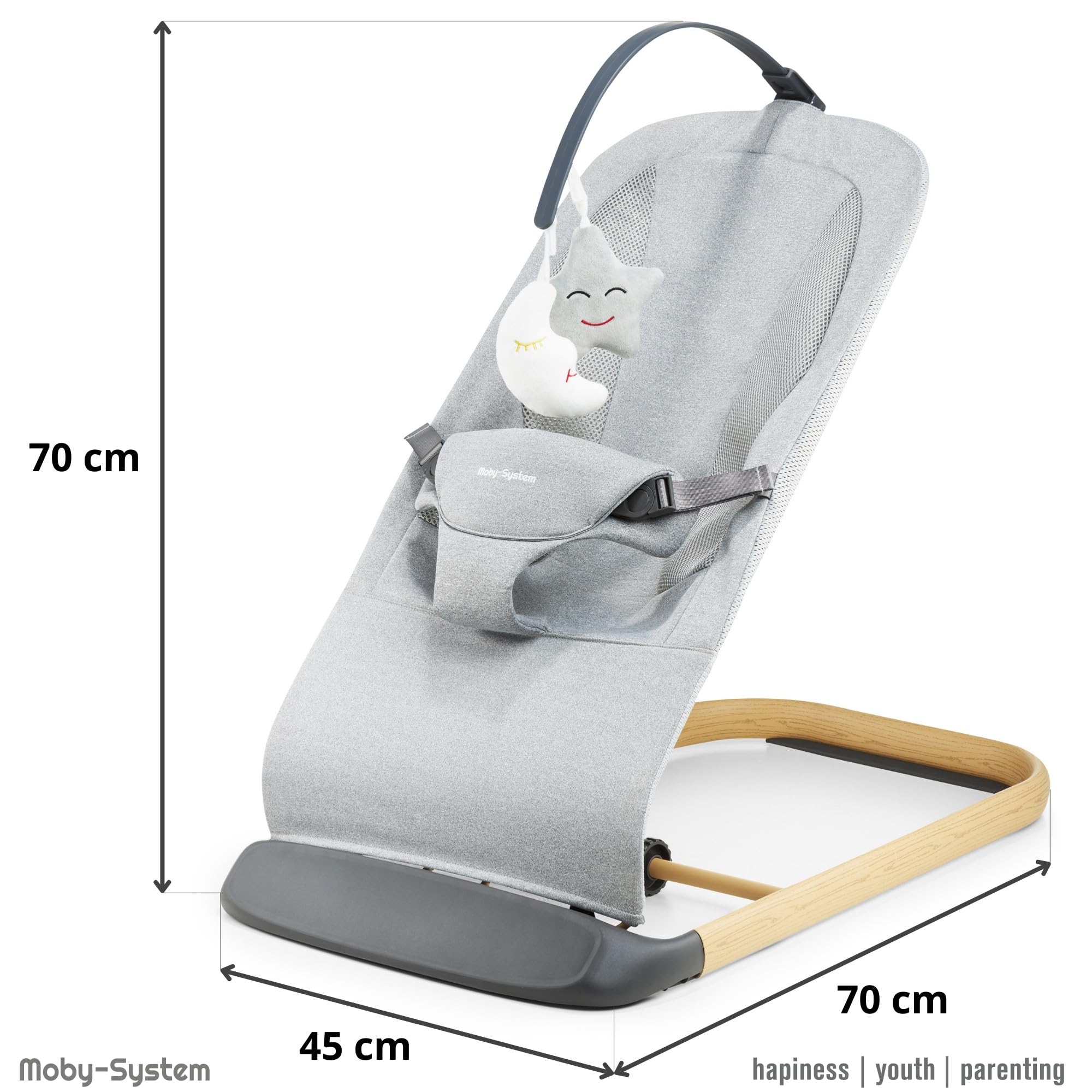 Moby-System Hamaca Bebé LILY 2 en 1 - Hamaquita Mecedora con Cojín Reductor y Arco de Juegos - Reclinable 3 Posiciones, Tejido de Lino Transpirable, hasta 9 kg - Gris