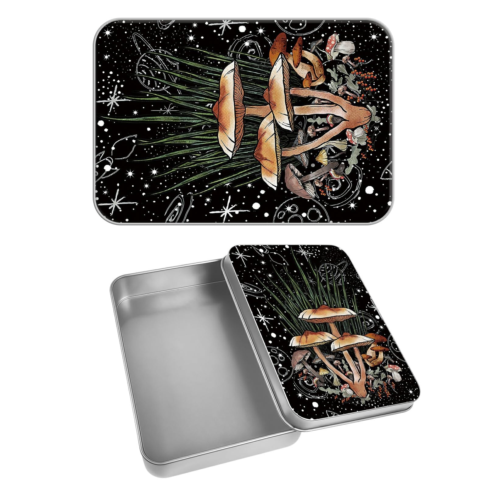 Rectangular Metal Tin Box with Removable Lid, Mushroom Space Moon Decorative Printed Metal Storage Container for Cards, Diaries, Home Organization 4.53 x 3.35 x 0.86 inch– Single Pack
