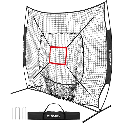 7'×7' Baseball Softball Practice Net,Baseball Backstop,for Hitting Pitching Batting Catching with Bow Frame,Bonus Strike Zone