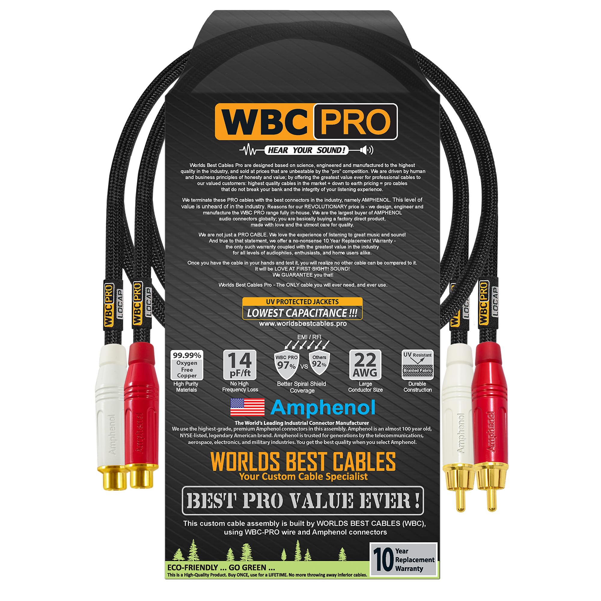 WBC-PRO-LOCAP Paire de câbles d'extension RCA de 0,3 m de faible capacité (14 pF/ft) 22 AWG Câble audiophile et de qualité professionnelle ultra silencieux avec prises RCA Amphenol mâle et femelle